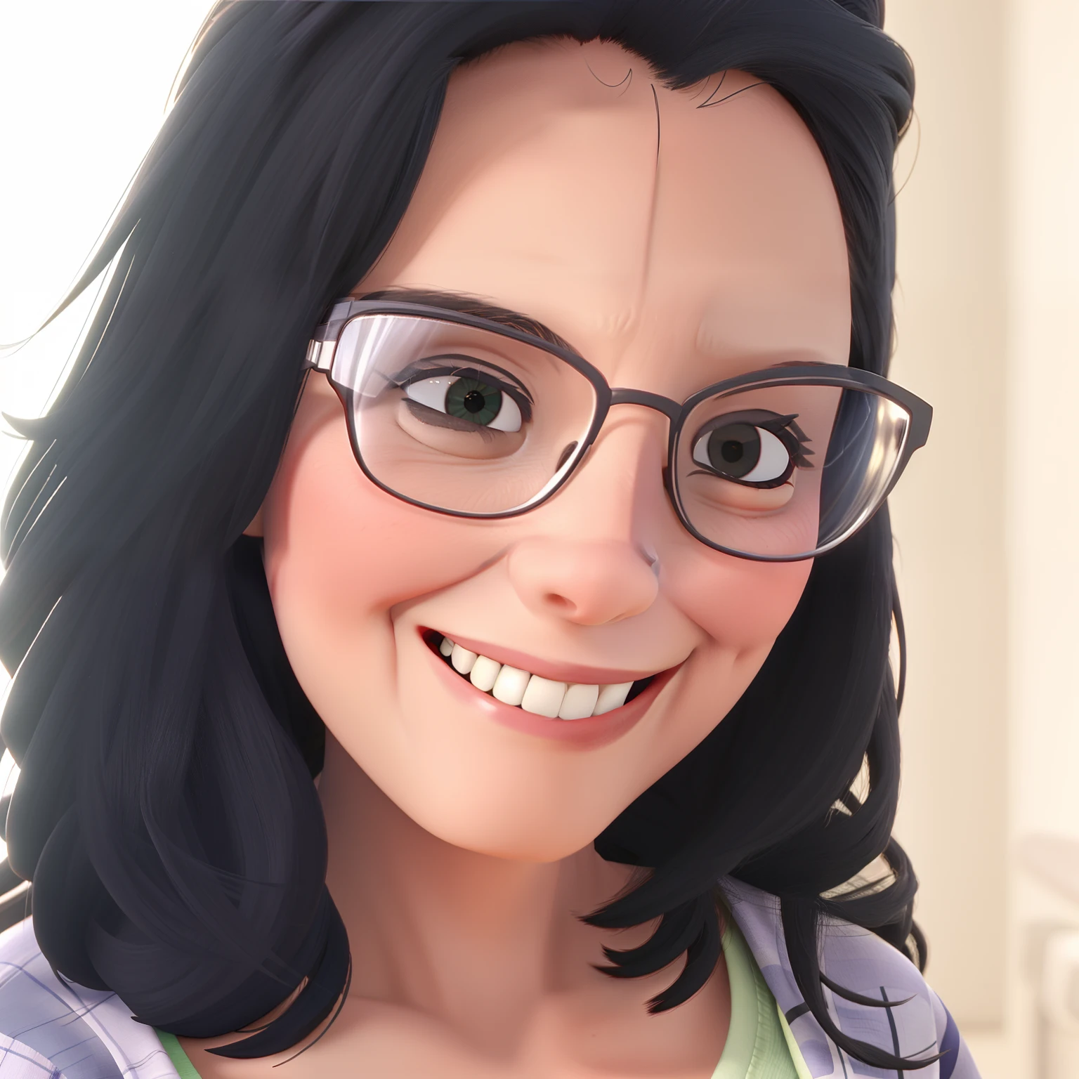 A wise woman, cabelos pretos, wears glasses, sorridente, usando uma camisa branca