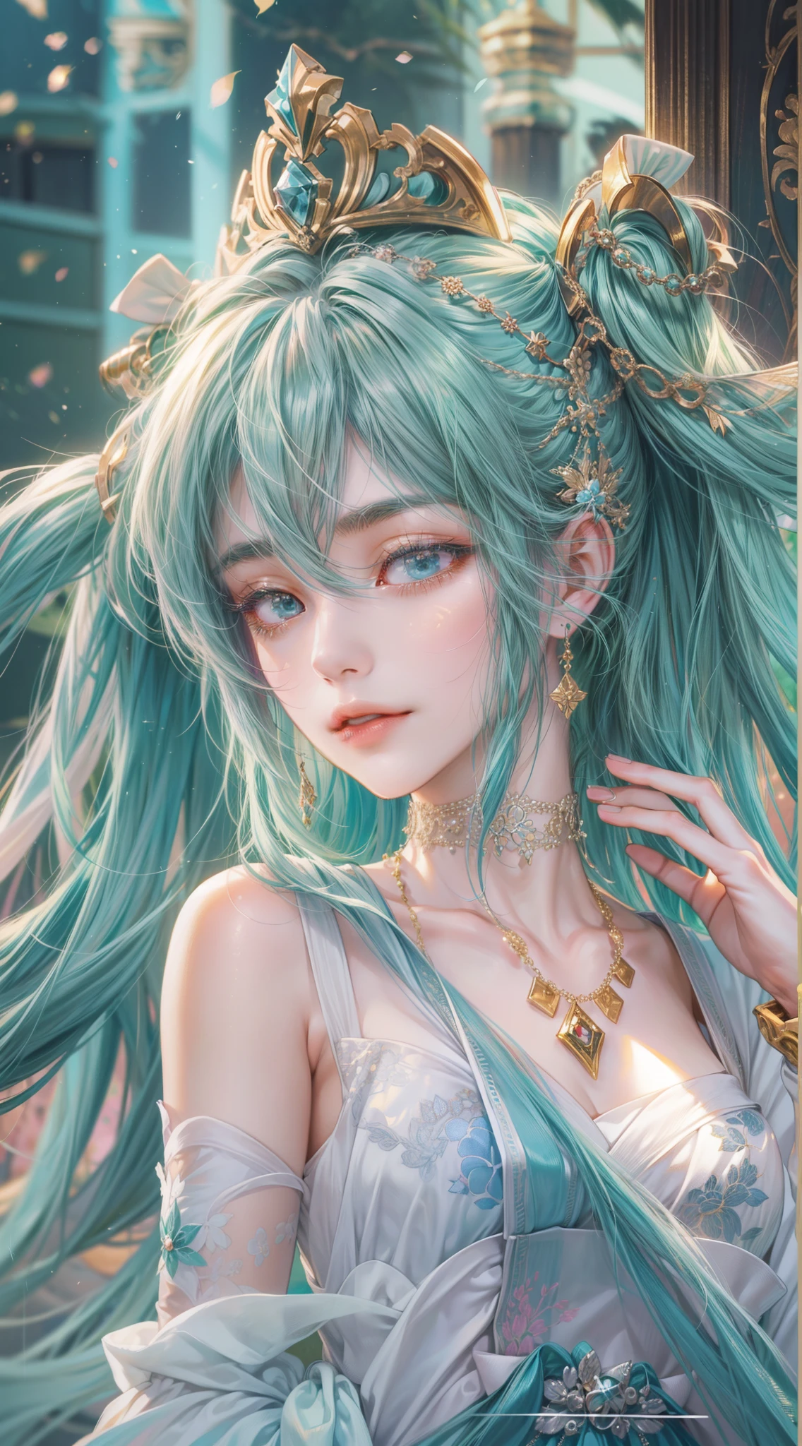 Absurdres masterpiece HDR high quality picture of Hatsune Miku, detailed face, detailed hair strands, beautiful face, simple pose, very long hair, ((random hair style:1 )) , anime eyes, light skin , 

Wearing empress outfit , detailed hair ornaments  , beautiful background, masterpiece scenery