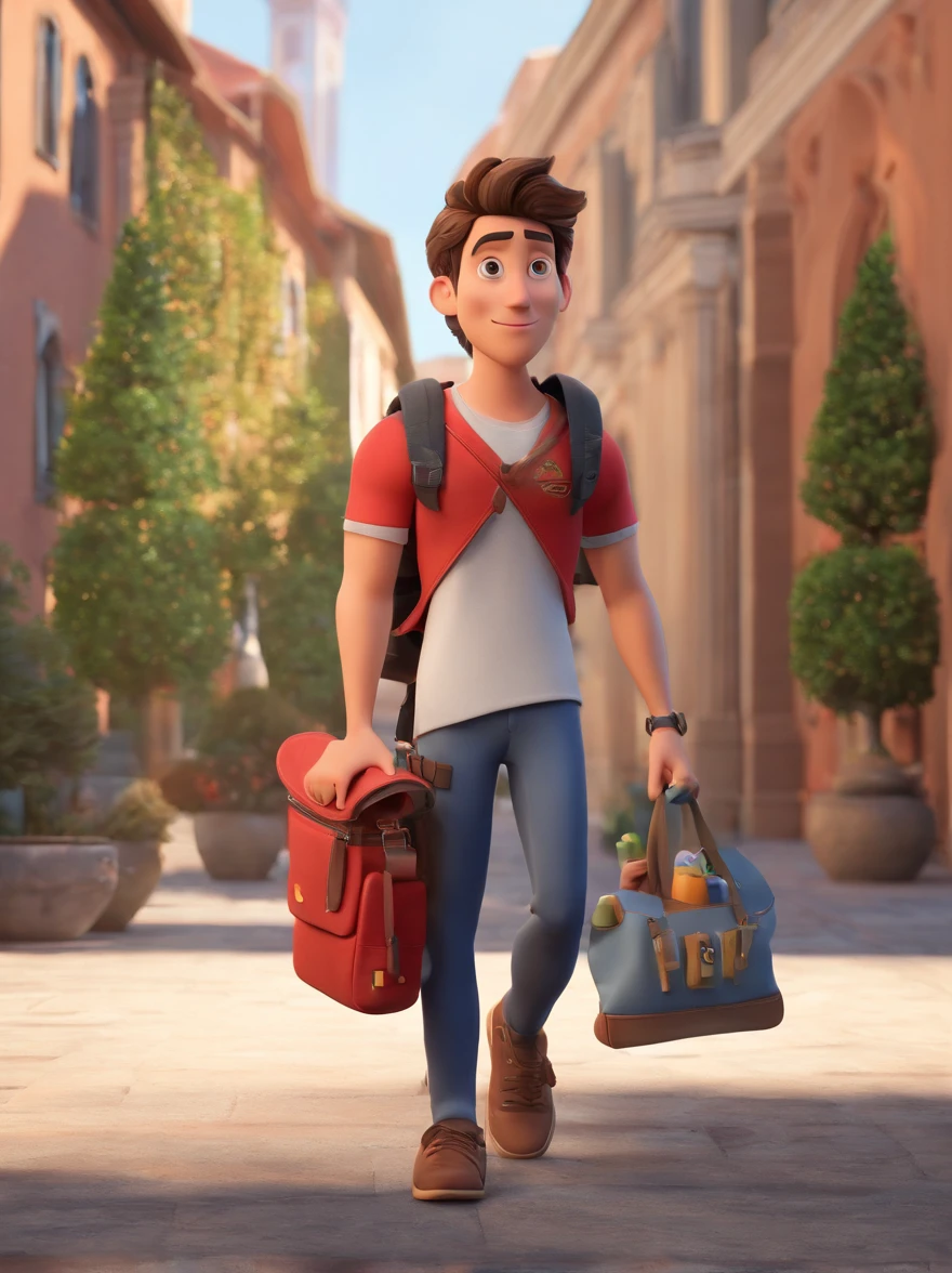 Create a 3D Pixar movie cover style image from the movie How to Train Your Dagger of a 20-year-old man dressed in a red shirt and a black backpack on his back. He is looking at the camera from the front. Wearing a necklace with a brown wooden cross, which adds a stylish touch to the look. The backpack is placed on his back, indicating that he may be carrying some belongings. The scene captures a casual moment, with a church scene in the background.