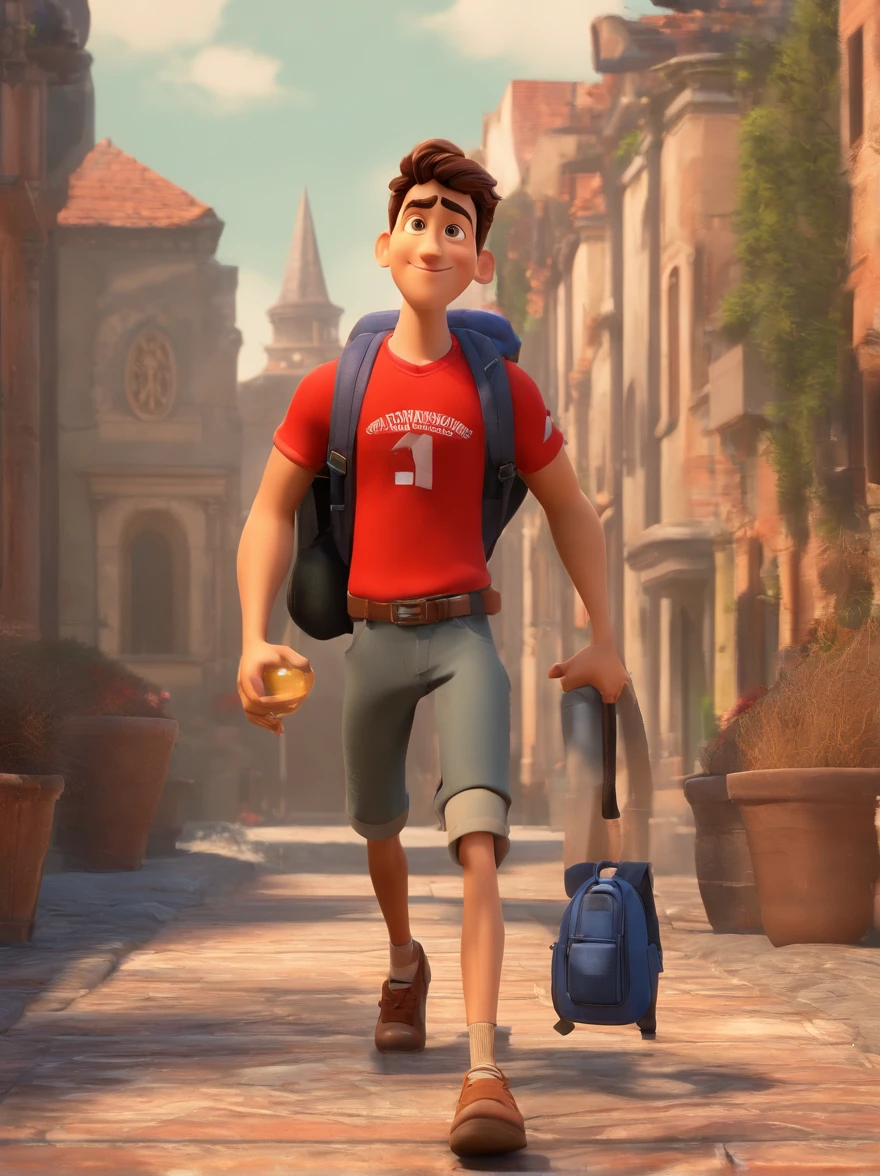 Create a 3D Pixar movie cover style image from the movie How to Train Your Dagger of a 20-year-old man dressed in a red shirt and a black backpack on his back. He is looking at the camera from the front. Wearing a necklace with a brown wooden cross, which adds a stylish touch to the look. The backpack is placed on his back, indicating that he may be carrying some belongings. The scene captures a casual moment, with a church scene in the background.