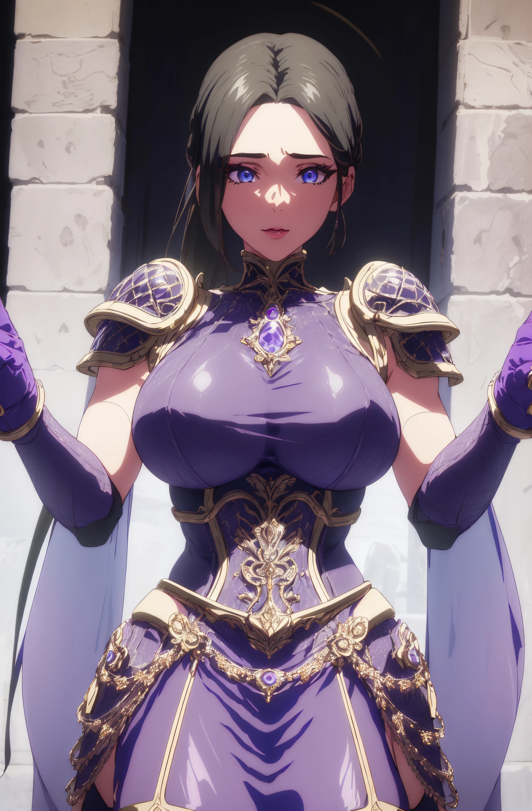 (masterpiece, best quality, 16k, 8k, ultra highres, plain white background, long hair, black hair, blue eyes, ponytail, highres:1.0), haruhiko_ichijou, makeup, purple lipstick, purple eyeshadow, beautiful face, hyperdetail face, hyperdetail armor, black gloves, blue footwear, blue thighhighs, boots, breastplate, covered navel, dress, gauntlets, gloves, headgear, (((large breasts:1.2))), (((solo:1.5))), ((milf, mature female, 35yo)), gorgeous body, (((upper body, half body shot:1.5))), ((hyperdetail eyeshadow, hyperdetail lipstick)), (((looking at the camera, symetrical, sharp focus, intricate detail, elegant, concept art, cinematic))), (direct view:1.4),