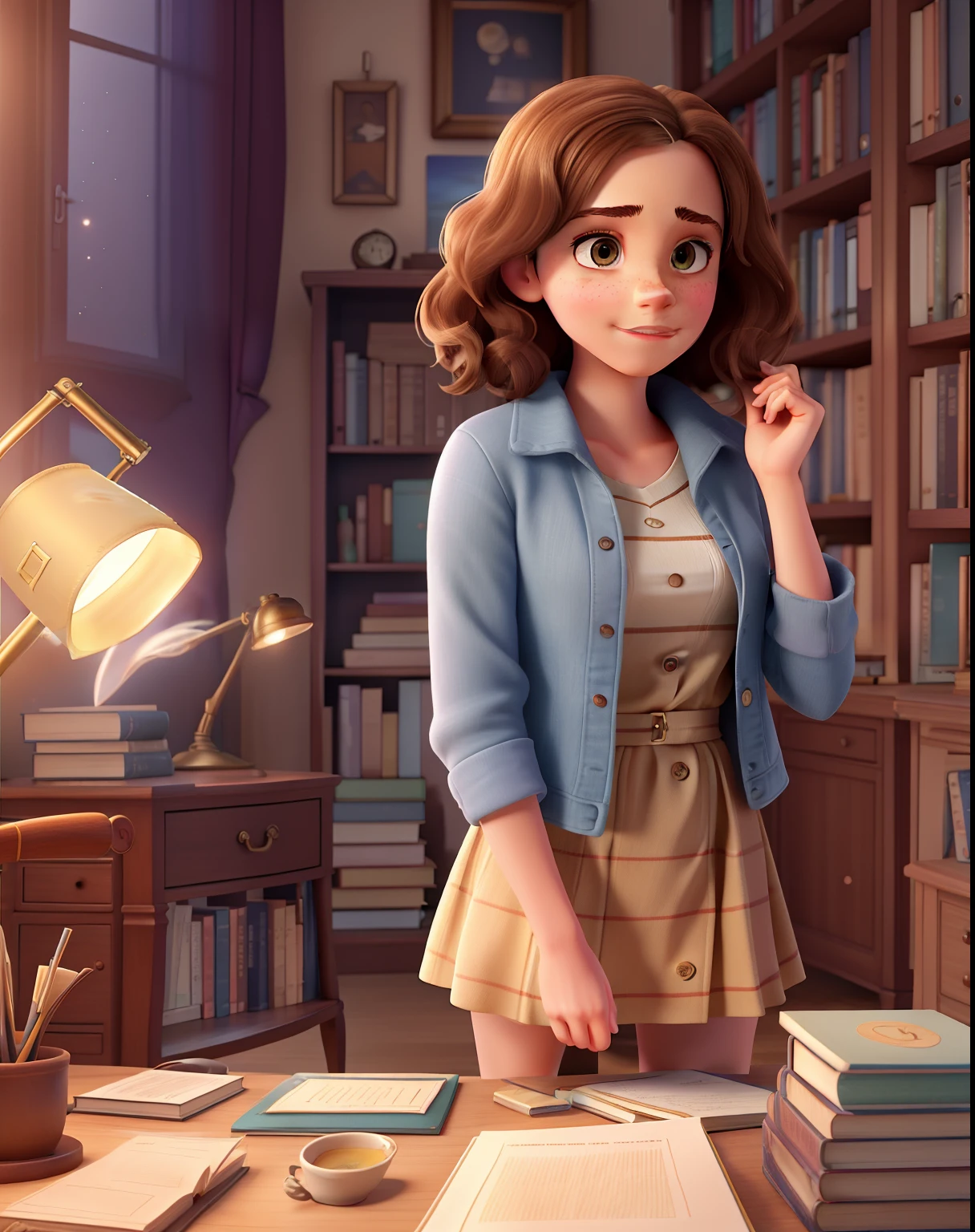 Emma Watson standing in front, illuminated by lamp light, against the backdrop of a library, [vivid colors], [photorealistic], [best quality,8k], [physically-based rendering], [sharp focus], [studio lighting], [ultra-detailed], portraits, books, wooden shelves, vintage desk, antique lamp, cozy atmosphere, warm color tones, soft shadows, thoughtful expression, sophisticated attire, book pages flipping, dust particles floating in the air, sexy clothes.