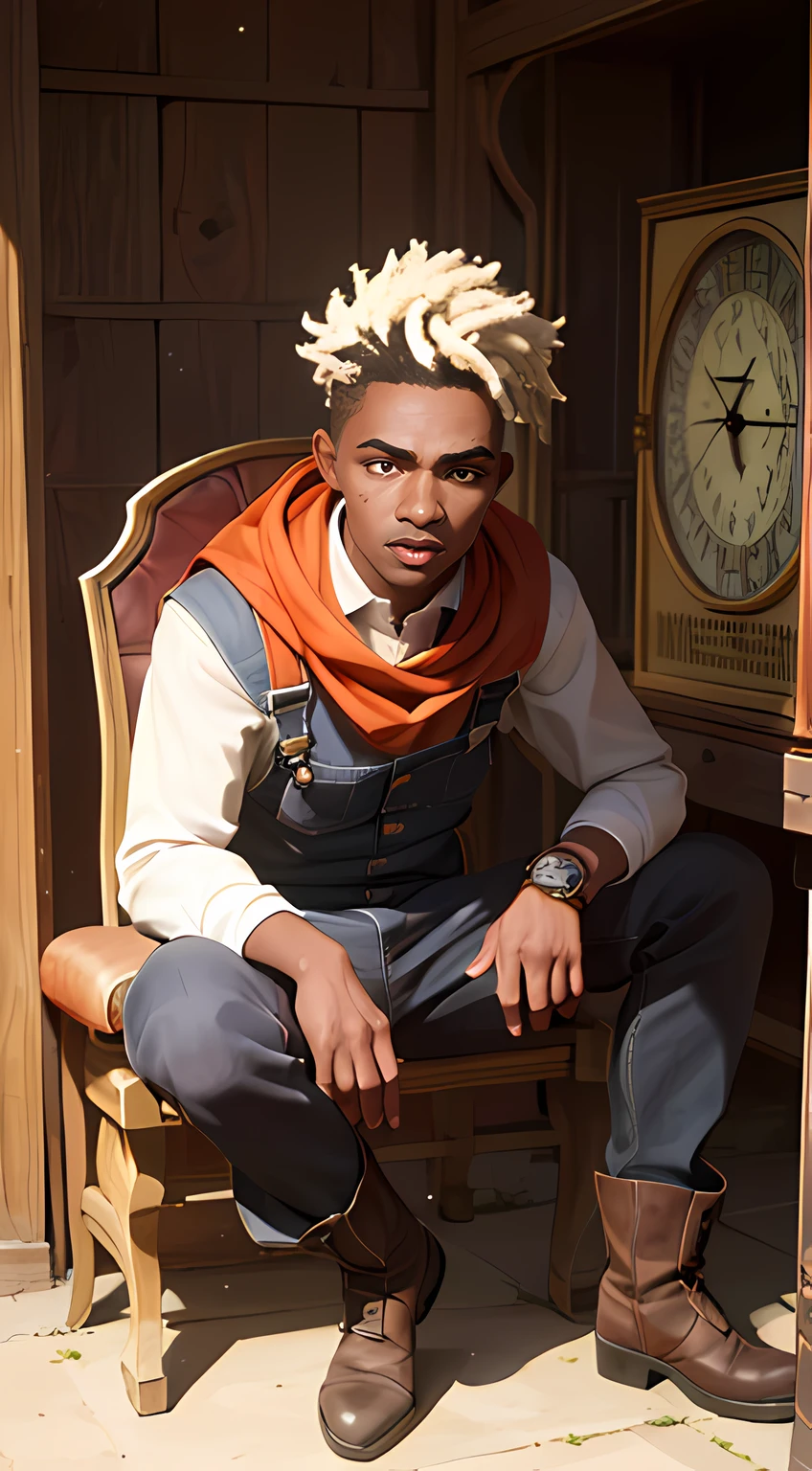 Ekko arcane , arcane ekko much details , young face , young man  ,1boy, solo, dark-skinned male, dark skin, ((brown eyes : 1.5 )), mohawk hair white ,letterboxed, dreadlocks, short hair, bangs, jacket, teeth, grey hair, parted lips, , ((masterpiece)) , 8K , HDR , HIGH DETAILS , 
wears brown gardener overalls and an orange scarf around his neck, pants, and boots. He also wears a pocket watch with a zodiac symbol inside. This watch is actually his time travel device, the Z-Drive, sitting city steam punk , holding antique picture frame clock .