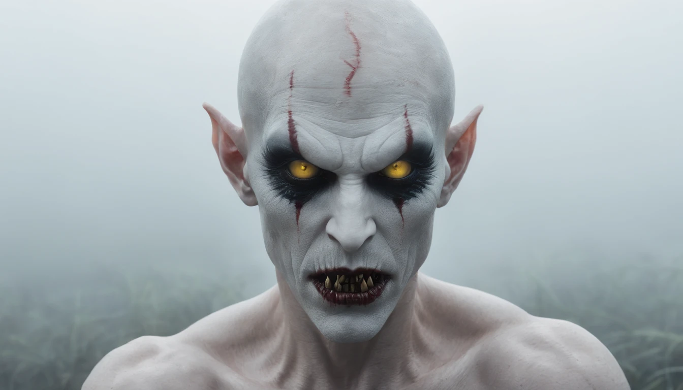 Half body shot of a creepy demon man in a foggy marsh, pale white skin, yellow glowing eyes, bald demon man, shirtless demon man, creepy demon man, skinny demon man, horror movie, cinematic, dark ambient, ultra detailed, photorealistic, masterpiece.