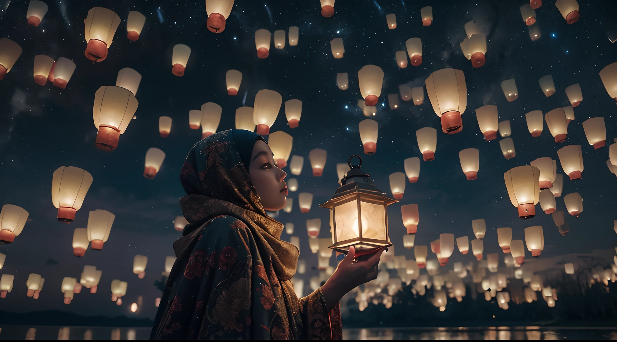 Place the Malay girl with hijab in a night sky filled with floating lanterns, creating a magical and ethereal atmosphere. She's releasing her own lantern into the sky, adding to the enchantment. Panavision DXL2, 28mm lens, Establishing shot, muted color grading, cinemascope, thriller, high quality, ultra detailed, 8k resolution,