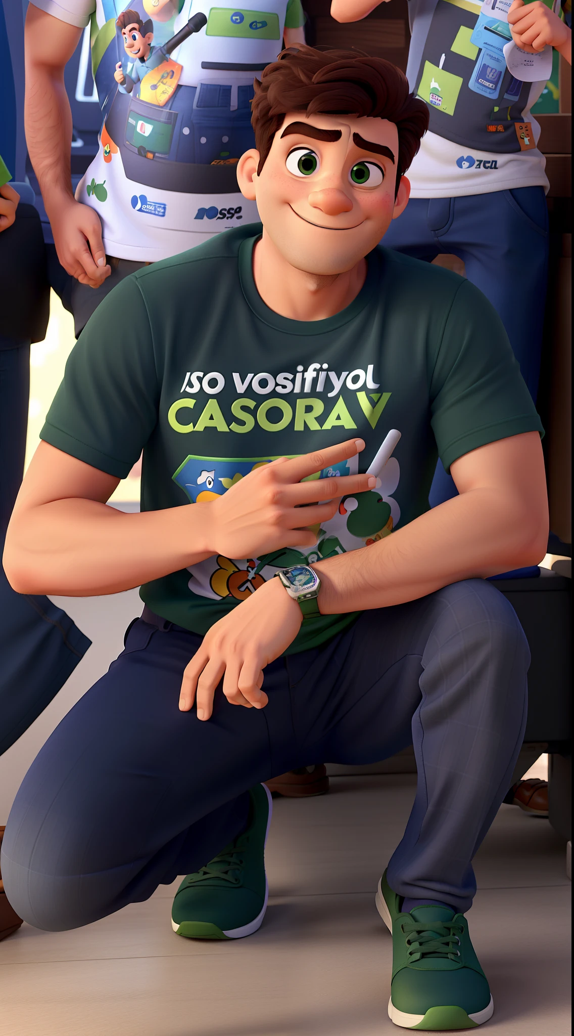 homem no estilo disney pixar, usando camiseta verde Deu Positivo E AGORA, alta qualidade, melhor qualidade