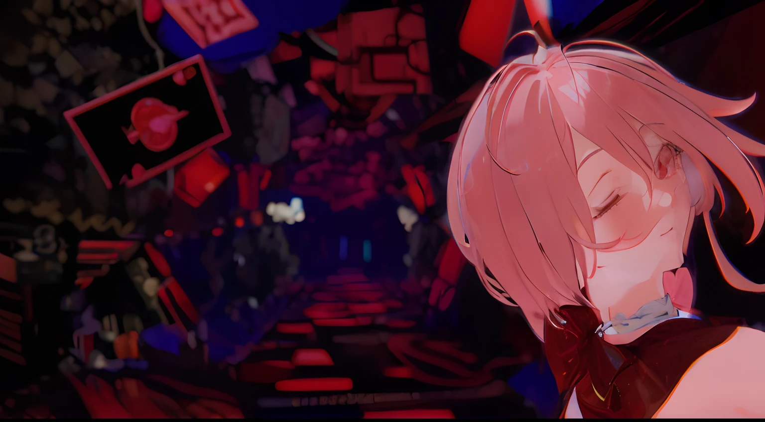 Anime girl with pink hair and bow tie in a dark room, dreamy psychedelic anime, Screenshot aus Guro Anime, sh, 2b, 2 b, Touhou-Projekt, Screenshot aus dem Anime-Film, Begehren, Yume Nikki, Dunkle Psychedelika, Standbild aus Anime, Standbild aus TV-Anime, 4K!, Anime Still Film Anime Shikishi