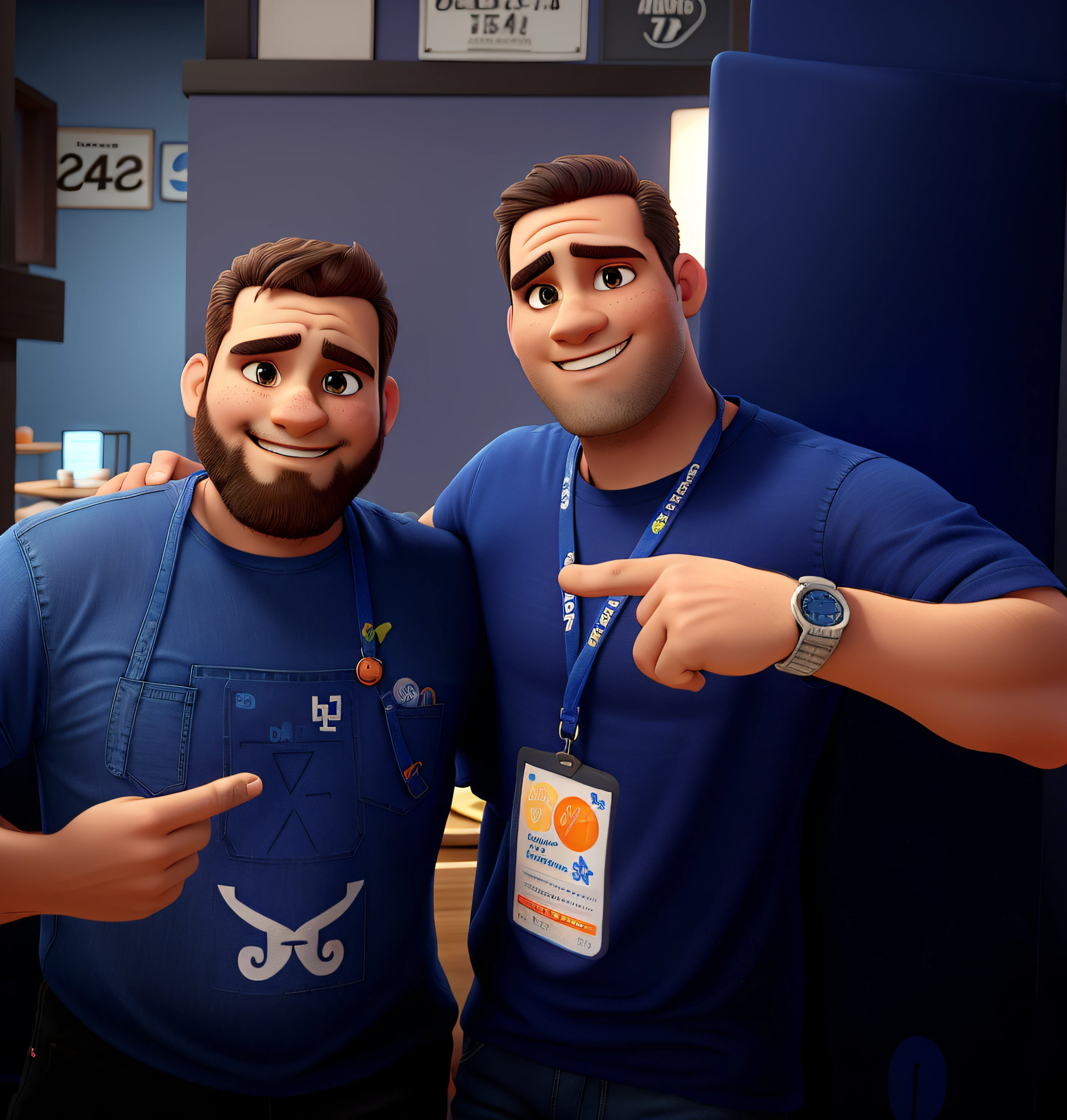 dois homens brancos vestido com camiseta azul e avental jeans escuro, apontando com o dedo indicador uma para o outro em um ambiente de restaurante no fundo da imagem, estilo disney pixar, alta qualidade, melhor qualidade