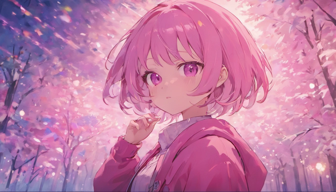 Pink girl with silver hair, Pink eyes, Very short hairstyle, A shy smile, hair clips, Long sleeves, Small chest, reflection, Contre-Jour, landscape, Light scattering, Transparency of the light, (bustup:1.2), (masutepiece). (Best Quality, 8K, hight resolution), Ultra-detailed, (Realistic), Vivid colors、Winters、Contemporary city、Coat with fur
