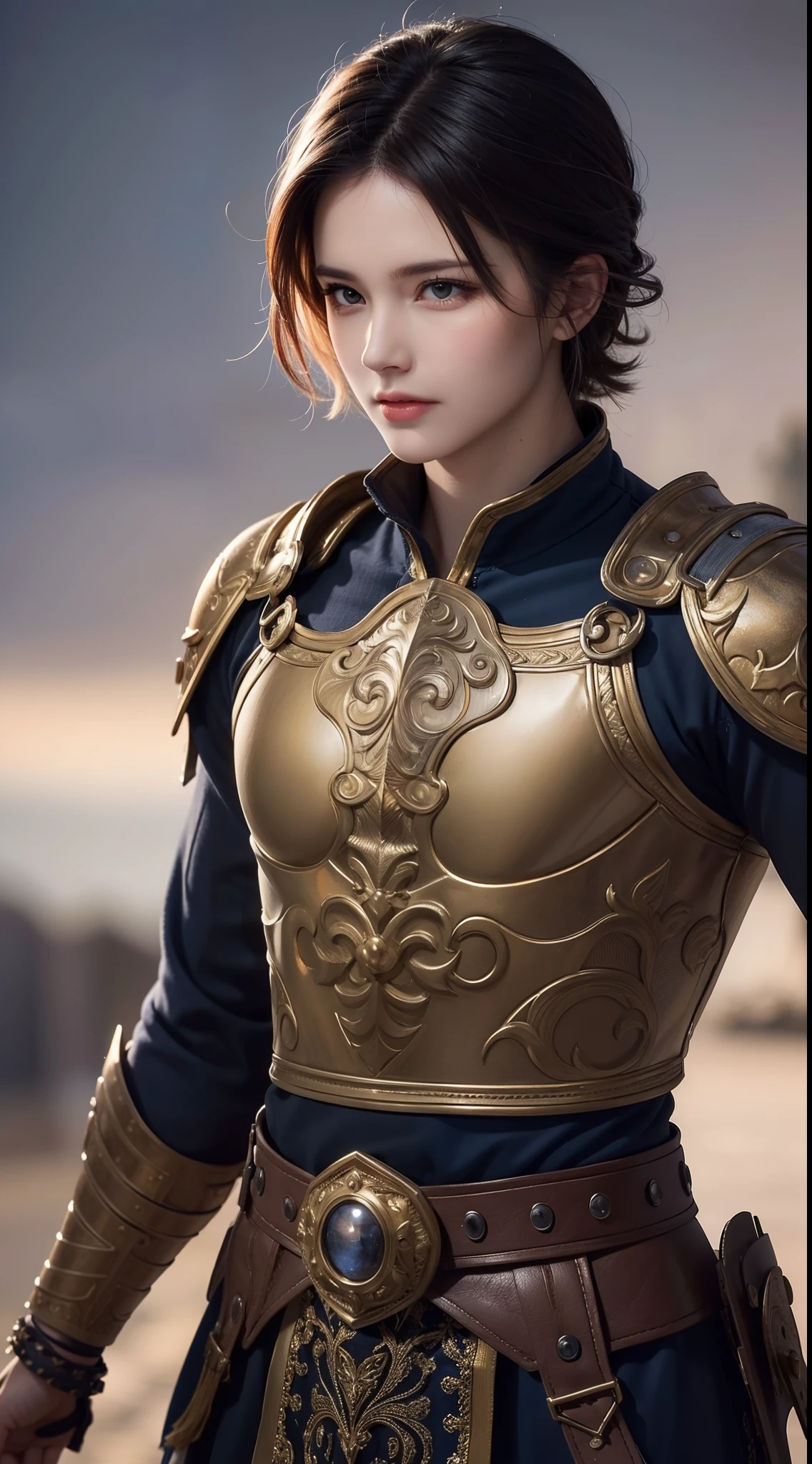 (16k, masterpiece, best quality), ultra-detailed, detailed beautiful round eyes, beautifully detailed face, high quality, high resolution, perfect anatomy, a male warrior, in the village, short hair, hero, village background, looking into the distance, action pose