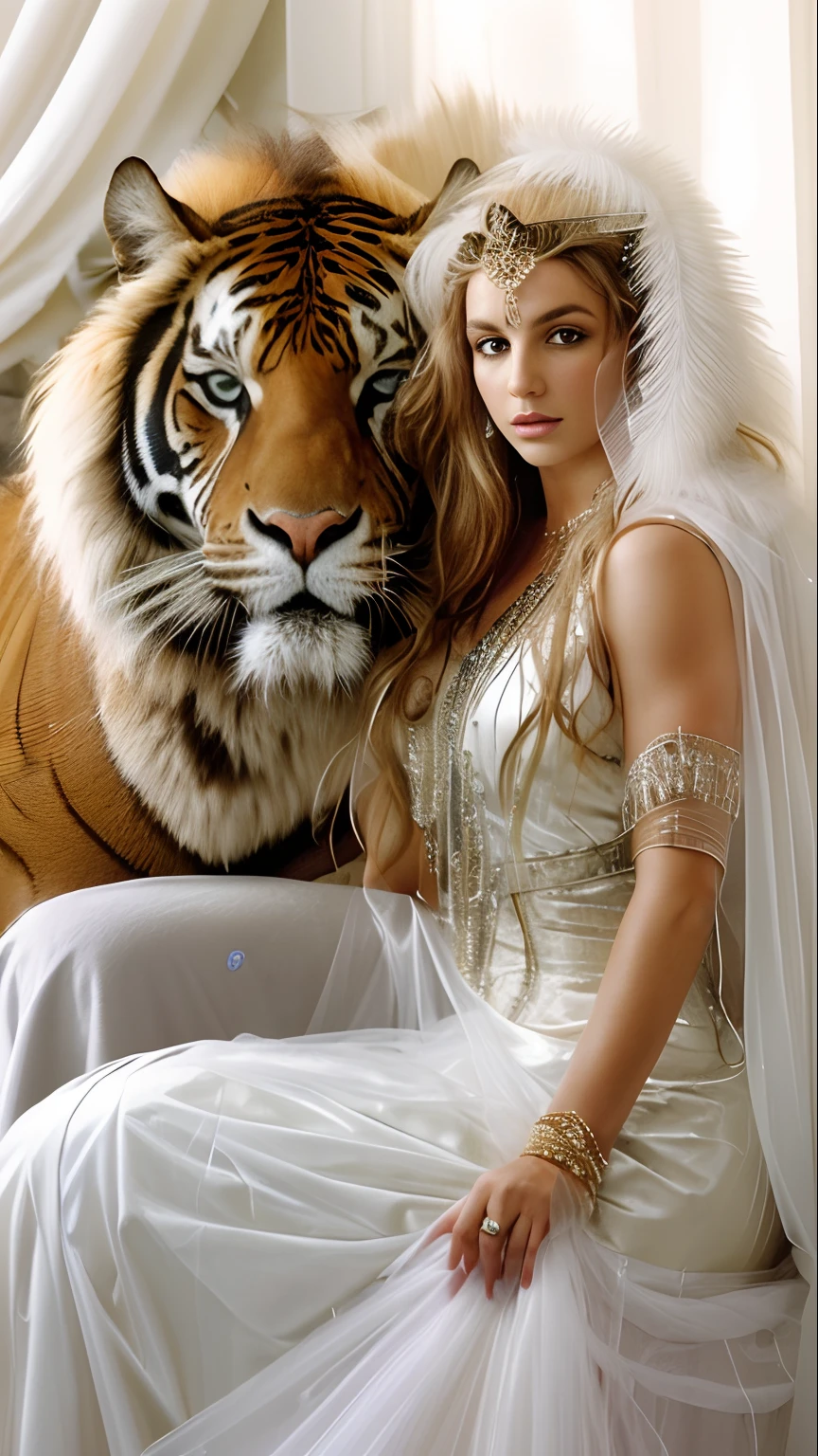 britney spears em um vestido branco sentado ao lado de um tigre branco, gorgeous goddess of leo, britney spears», deusa bonita, Princesa persa, Um retrato impressionante de uma deusa, uma mulher bonita no branco, mulher linda, lindo e lindo, Rainha persa, ((uma bela imperatriz fantasia)), rosto realista em alta qualidade, corpo inteiro, diferentes poses corporais, alta qualidade no rosto, defined features, best quality hard drive, realista, realista, Award-Winning Illustration, (rosto altamente detalhado e textura da pele), (corpo inteiro), (detalhe complicado: 1.2), (detalhe fino), (detalhe complicado), (cinematic lights, luz de fundo de melhor qualidade), lines sharp, foco nítido, Arte Oficial, unidade 8k papel de parede , ultra realista, muito realista, Absurdo, inacreditavelmente realista absurdo, tamanho de arquivo enorme, ultra- real, Arte de realista, RTX,((Foto de encerramento-up by award-winning studio)), , (cale a boca), , perfect hands, lindos olhos detalhados, rosto perfeito, corpo perfeito, detalhes ultra realista.