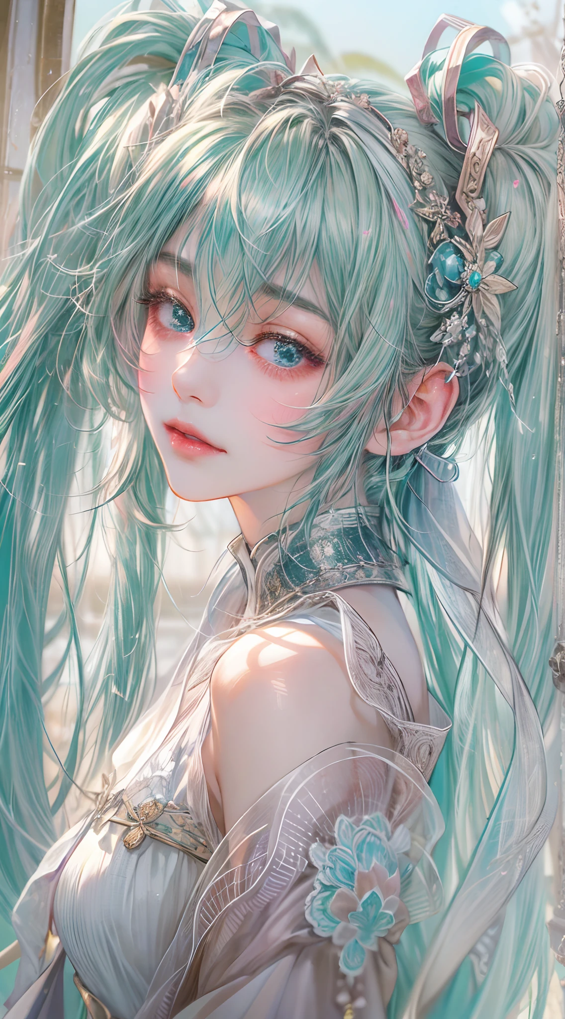 Absurdres masterpiece HDR high quality picture of Hatsune Miku, detailed face, detailed hair strands, beautiful face, simple pose, very long hair, ((random hair style:1 )) , anime eyes, light skin , 

Wearing empress outfit , detailed hair ornaments  , beautiful background, masterpiece scenery