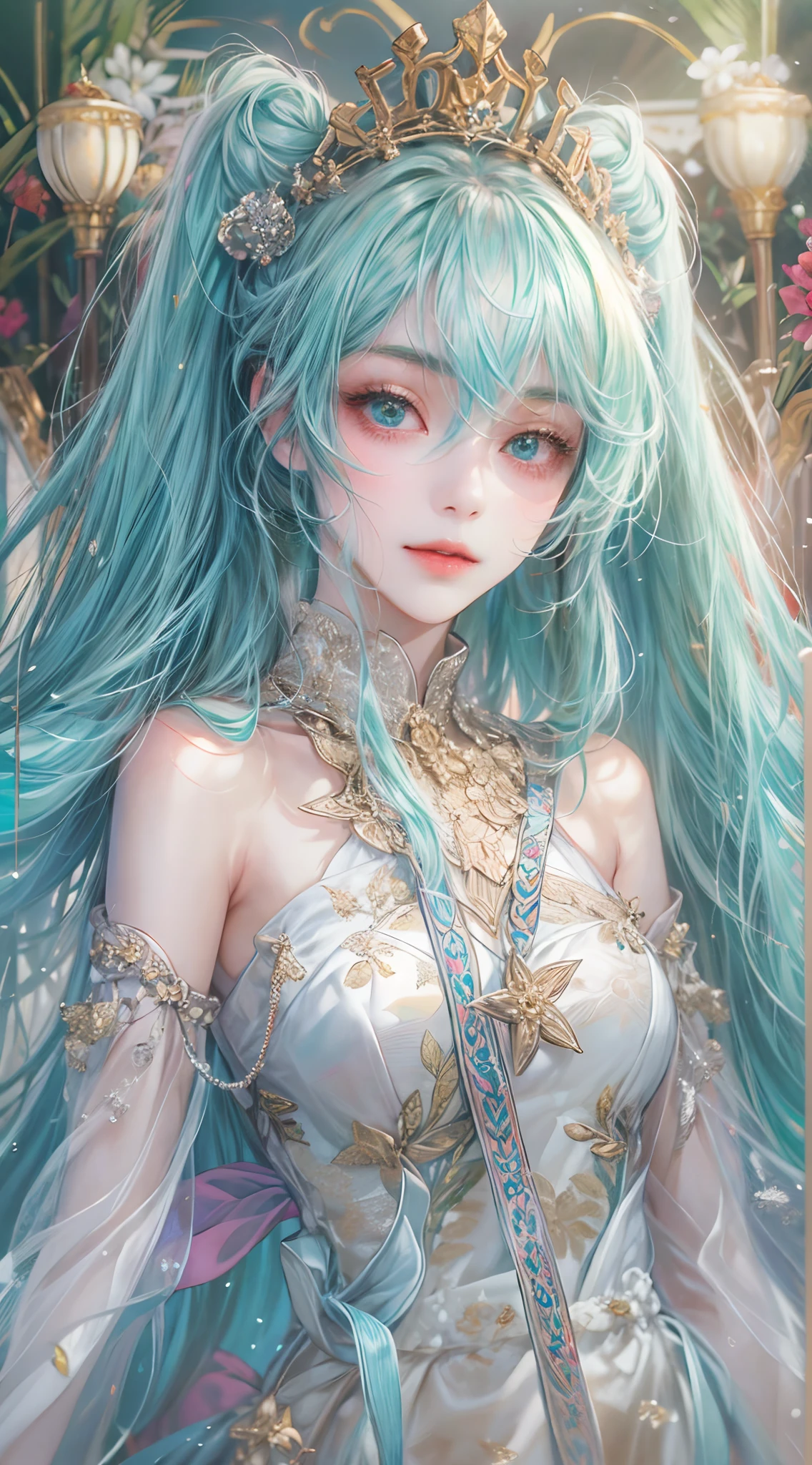 Absurdres masterpiece HDR high quality picture of Hatsune Miku, detailed face, detailed hair strands, beautiful face, simple pose, very long hair, ((random hair style:1 )) , anime eyes, light skin ,
Wearing empress outfit , detailed hair ornaments , beautiful background, masterpiece scenery