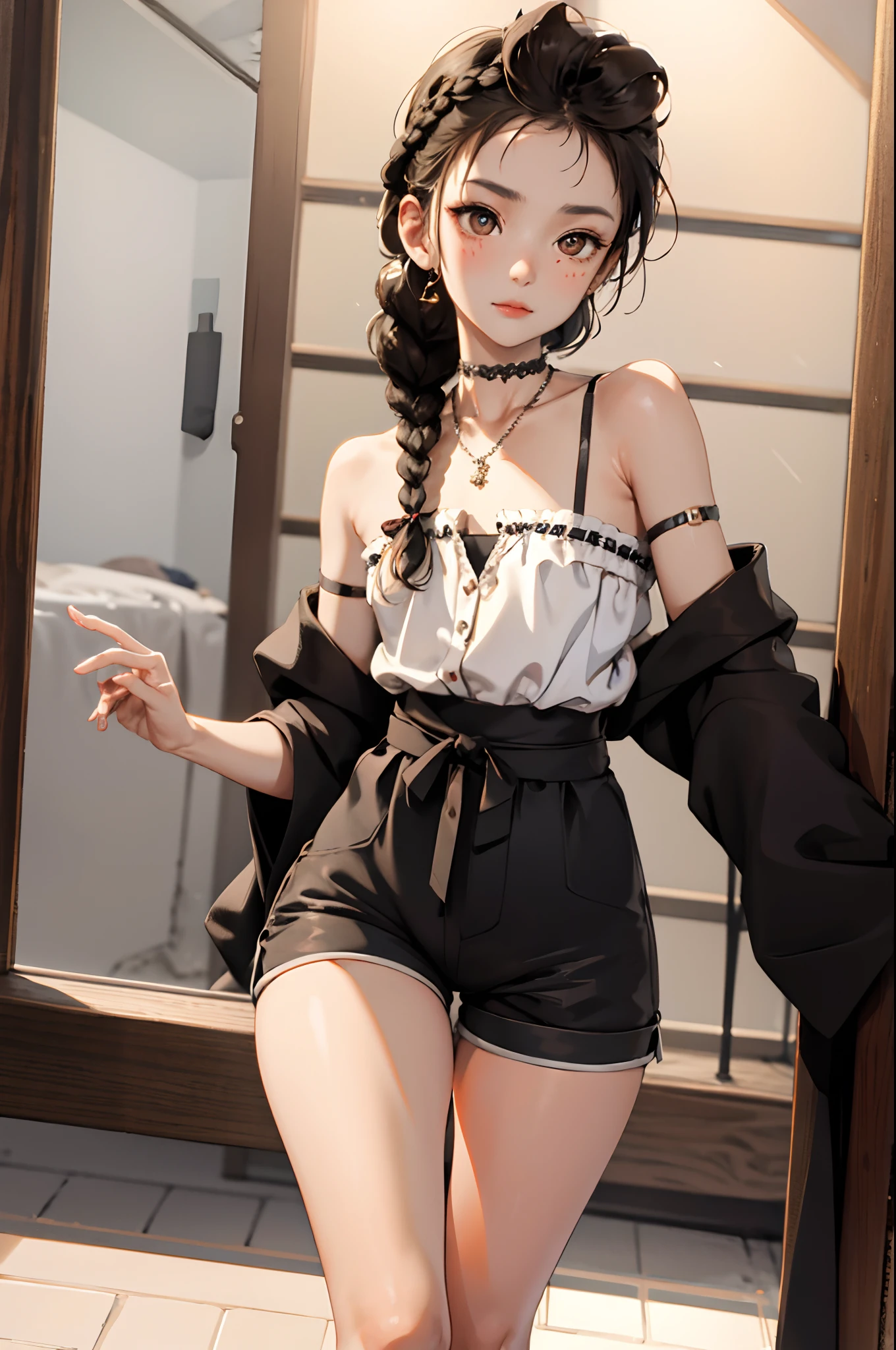 femboi， ((Masterpiece)), (1 girl), (Cute: 2.0), The face is extremely detailed, Enchanted expression, Strong gaze, Black Double French Braid, (Thin structure), Japanese girl, Slightly round face, Tanned brown face, Healthy face, Big eyes, Shorts, Thin thighs, (Small chest), confident pose, harsh, Almond-shaped eyes, rich palette,choker necklace,3D