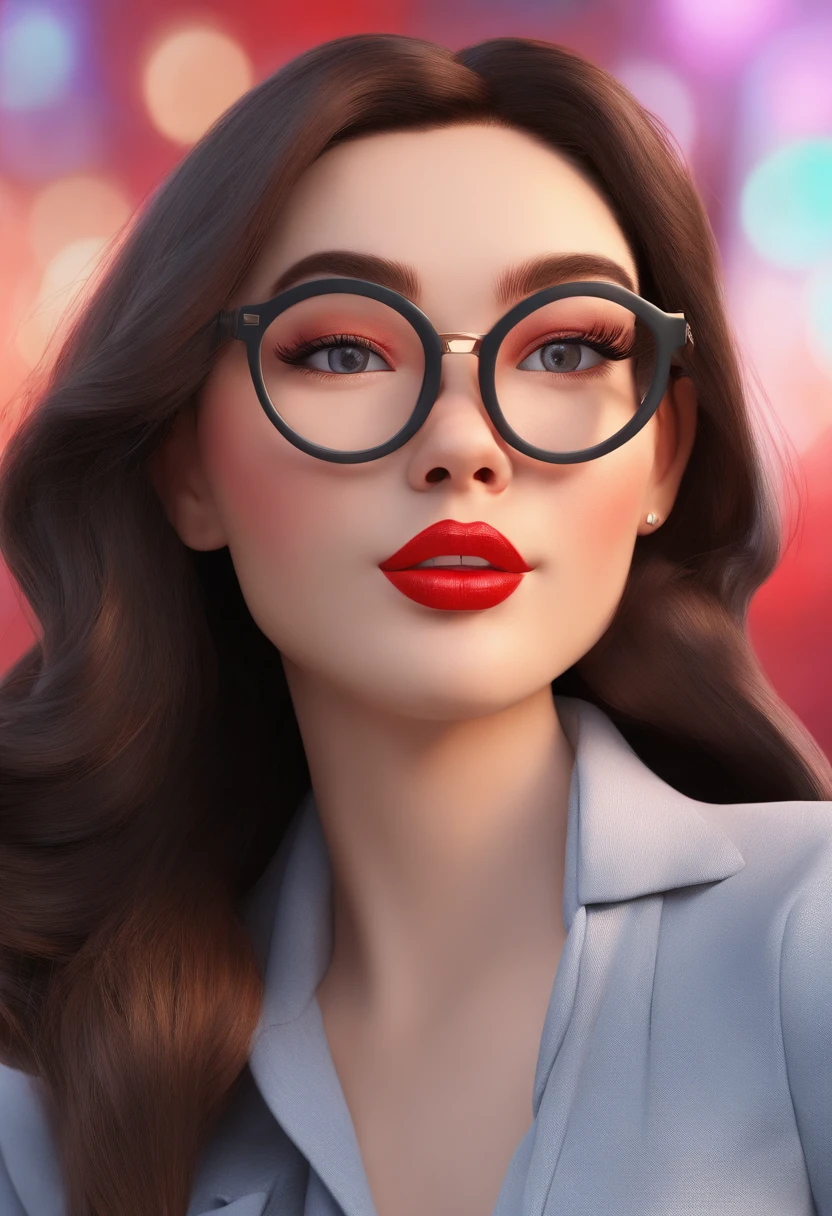 Estilo Pixar: There's a woman in glasses and red lipstick posing for a photo, wearing black rimmed glasses, 💋 💄 👠 👗, wearing thin large round glasses, wearing black frame glasses, thick red lips, sexy red lips, wavy long black hair and glasses, imagem de perfil, thick glasses, red lips, !!wearing modern glasses!!, Briana Mora-inspired 3D Poster,Disney