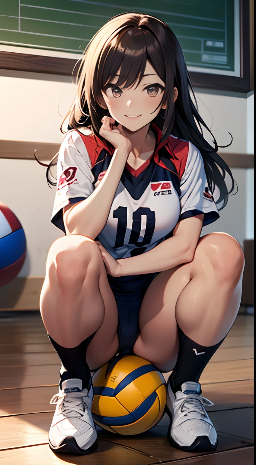 nffsw, Anatomically correct, 8K, (((masutepiece))), (((Best Quality))), (((ultra-detailliert))), (((hight resolution))), ((superfine illustration)), ((Ultimate cutie)), Detailed beautiful face, 1 Girl Ball Black_footwear black_hair black_sox (blush) Blade Brown_Background Brown_Eyes ((Buruma)) Closed_Mouth, clavicle, suprafemoral elbow_Pad Gradient_Background ((Kneepads)) long_hair looking_で_Viewers are sitting_SUI_Ball Simple_Background: Sleeveless_Shirts, Smiles, Socks, Solo, Sportswear, Spreads_Leg squatting thigh twin_Braid Volleyball_(objects) Volleyball_Uniform: Wooden_floor