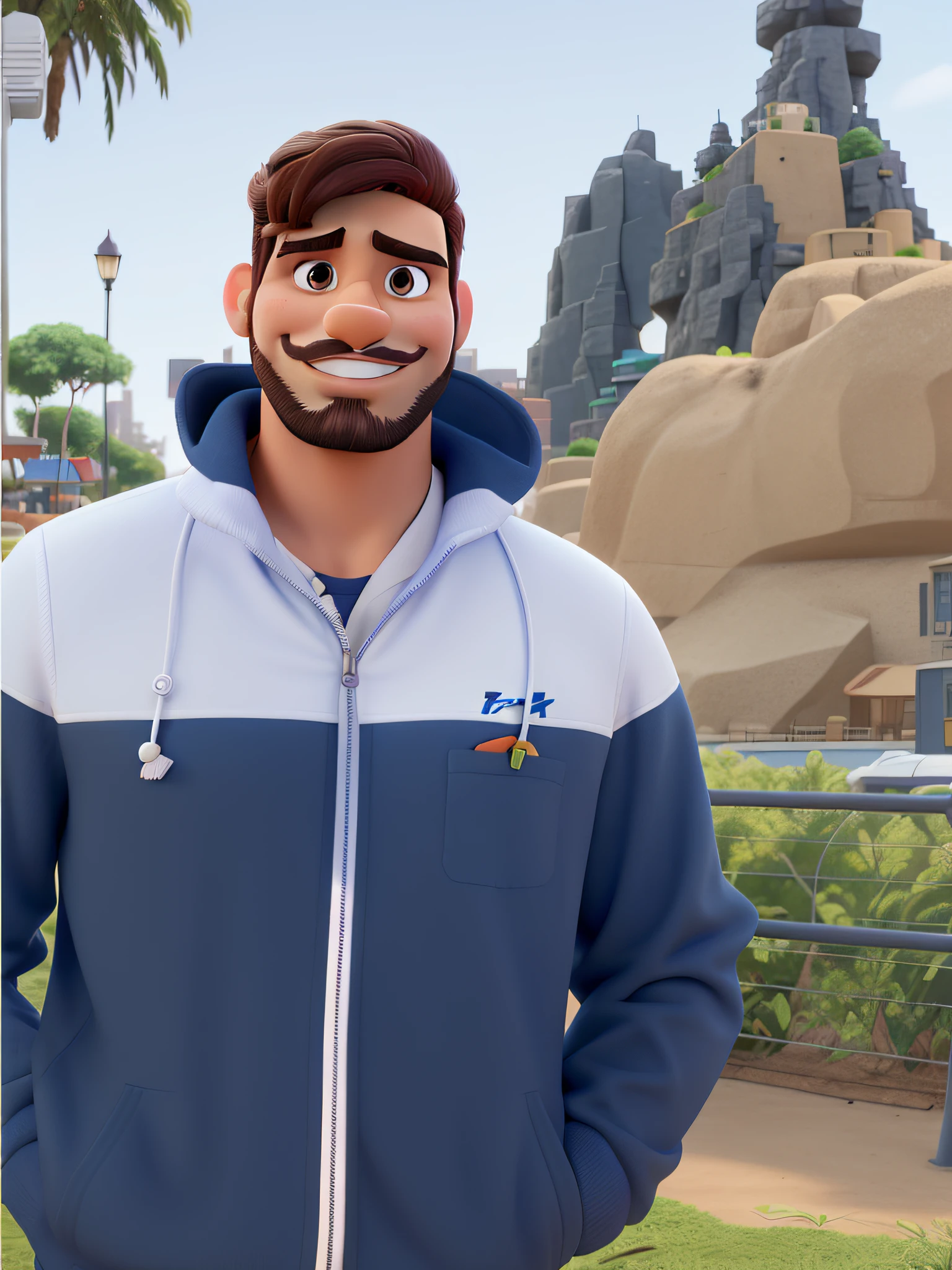 homem estilo disney pixar, barba por fazer, large lips, Sunset backdrop in New York, alta qualidade, melhor qualidade
