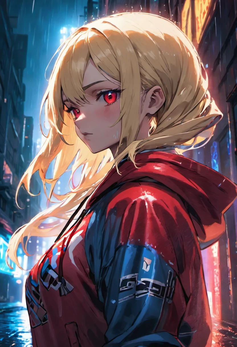 Closeup photograph, confident young cyberpunk girl with long and blonde hair , wearing a hoodie with red and blue designs on it, in a rain soaked street at night, photorealistic, cinematic lighting