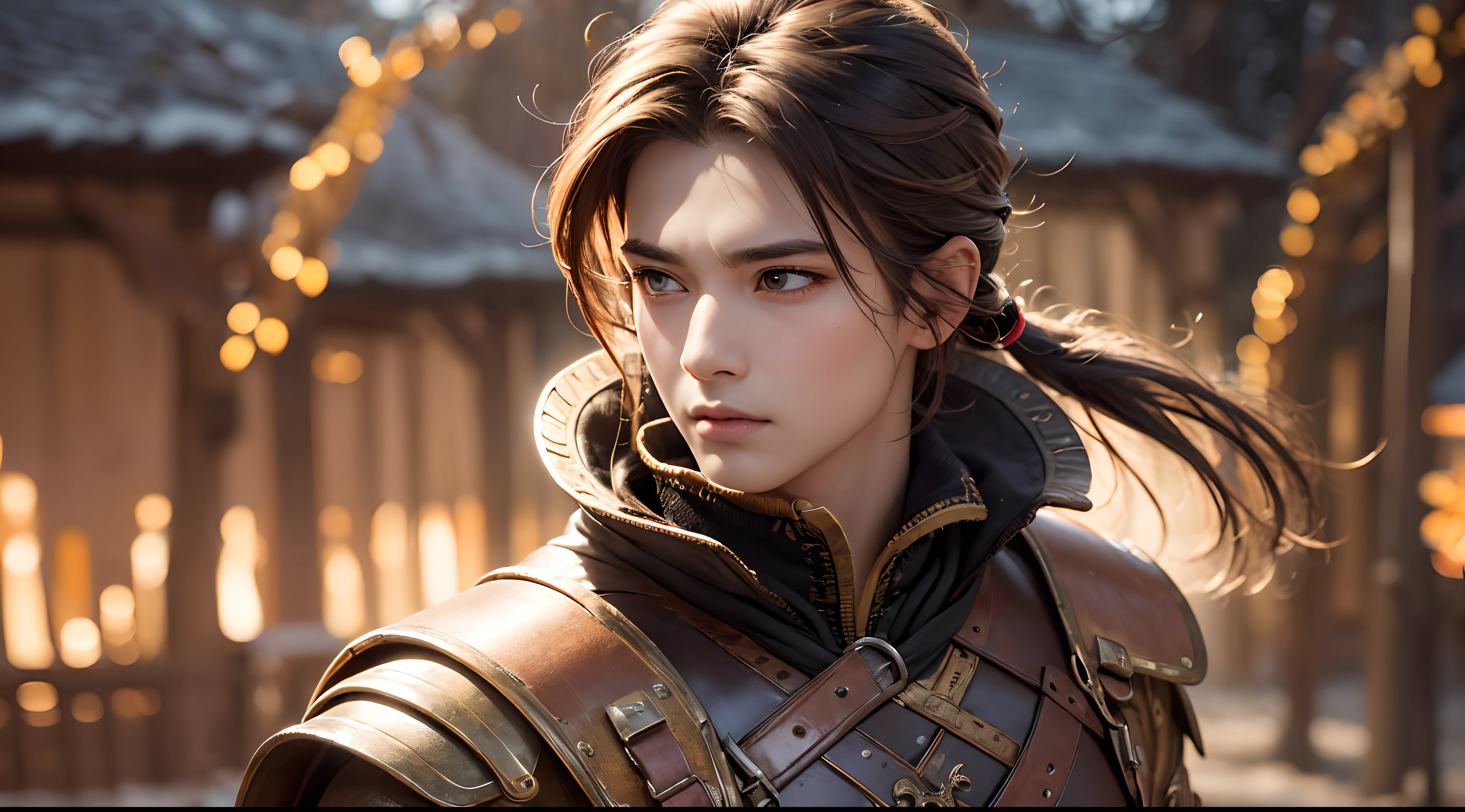 (16k, masterpiece, best quality), ultra-detailed, detailed beautiful round eyes, beautifully detailed face, high quality, high resolution, perfect anatomy, a male warrior, in the village, short hair, hero, village background, looking into the distance, action pose