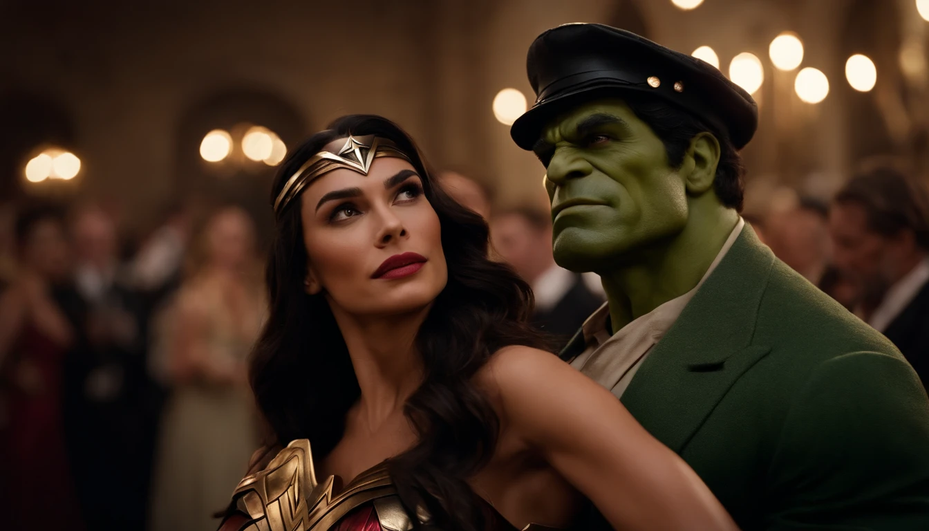 [Hulk and Wonder Woman are seen attending a glamorous masked ball in Venice, dancing gracefully], black hair, beret, mole under eye, pointy ears, Hyperrealism, cinematic lighting, high details, masterpiece, best quality, high quality, 4K, super detail, retina
