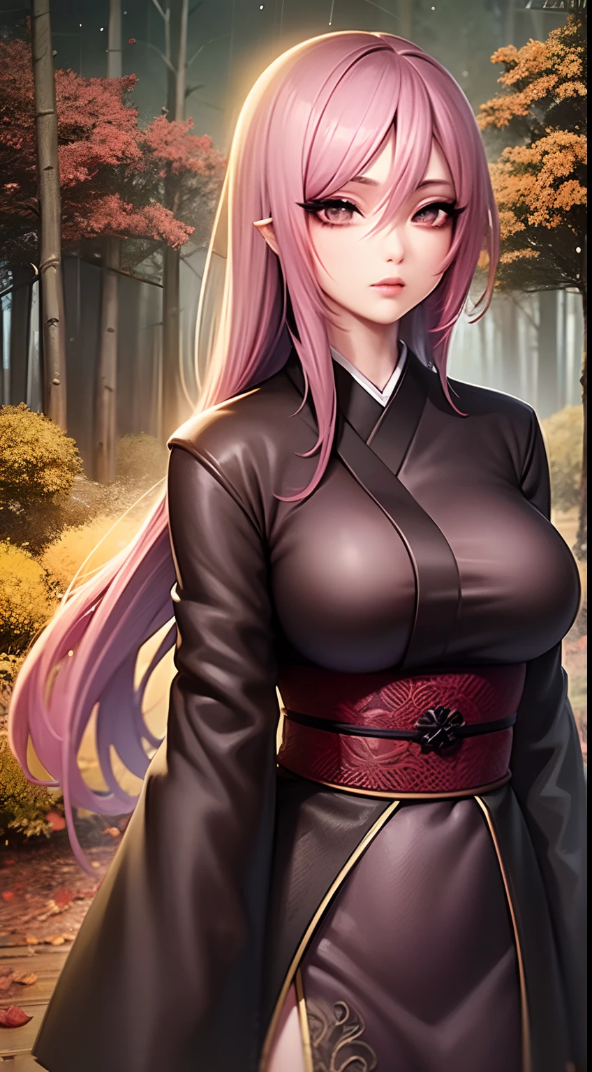 sensual, penetrating look, dominant, anime female, dark clothes, quirky, vibrant appearance, spontaneous, japanese, autumn, forest background, rainy dawn, high quality, skin texture, intricate details, (cinematic lighting), photo RAW, 8k