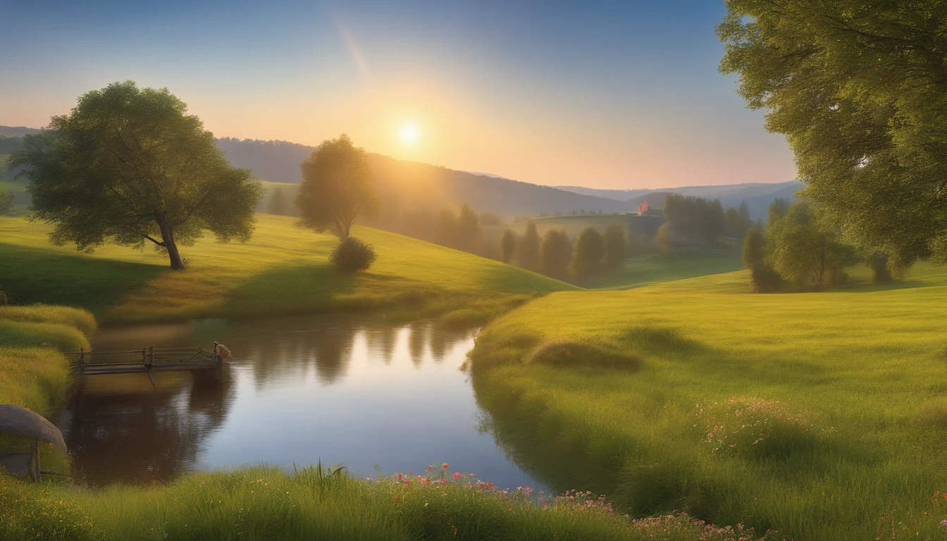 (Best quality,4K,8K,A high resolution,Masterpiece:1.2),Ultra-detailed,(Realistic,Photorealistic,photo-realistic:1.37),rural landscape,Peaceful,serene,Vibrant colors,Natural light,Rolling hills,flowing river,Tall green trees,Lush meadows,Clear blue sky,Gentle breeze,country road,Blooming wildflowers,Tranquil atmosphere,Quiet solitude,Harmony with nature,Fresh air,Rustic charm,Sun-drenched fields,farm land,wooden fence,Peaceful village,Far Mountain,Art captures the landscape,Beautiful and idyllic landscape,Picturesque scene,Amplify the beauty of nature,Charming countryside,Tranquility in simplicity,Charming idyllic scenery,Immersive awe-inspiring views,Be soothed by the tranquil landscape