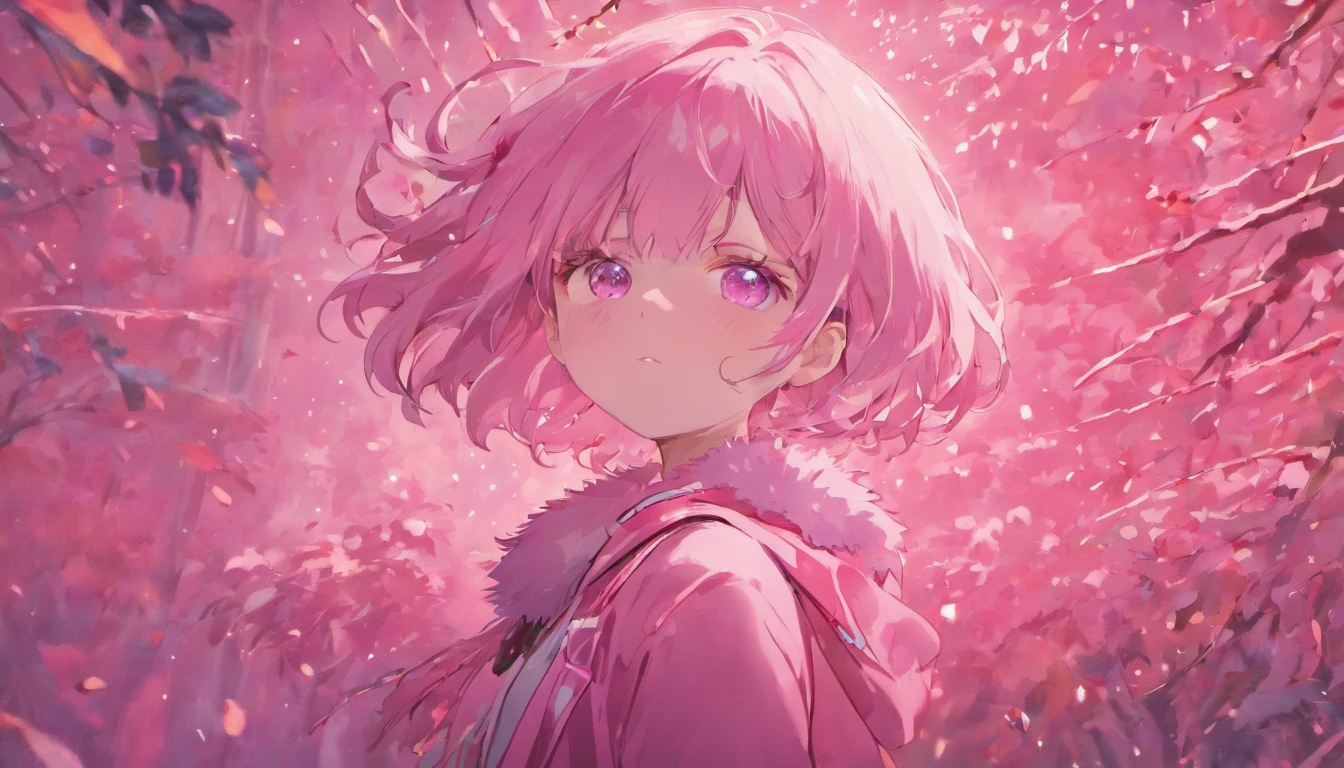 Pink girl with silver hair, Pink eyes, Very short hairstyle, A shy smile, hair clips, Long sleeves, Small chest, reflection, Contre-Jour, landscape, Light scattering, Transparency of the light, (bustup:1.2), (masutepiece). (Best Quality, 8K, hight resolution), Ultra-detailed, (Realistic), Vivid colors、Winters、Contemporary city、Coat with fur
