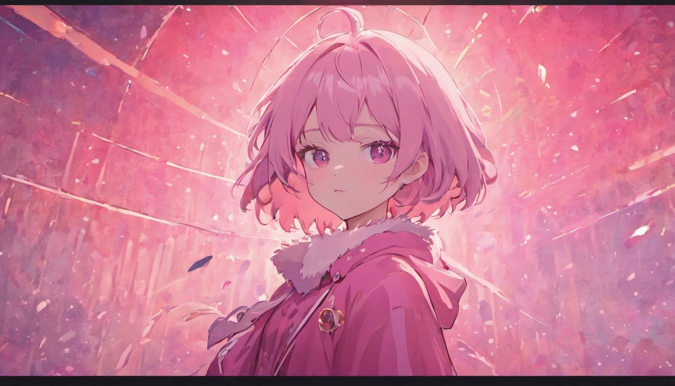 Pink girl with silver hair, Pink eyes, Very short hairstyle, A shy smile, hair clips, Long sleeves, Small chest, reflection, Contre-Jour, landscape, Light scattering, Transparency of the light, (bustup:1.2), (masutepiece). (Best Quality, 8K, hight resolution), Ultra-detailed, (Realistic), Vivid colors、Winters、Contemporary city、Coat with fur