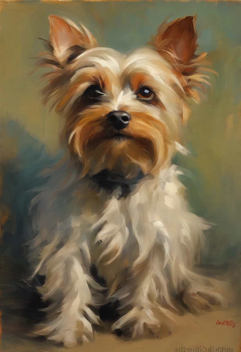 A painting of a Yorky begging for a treat, malcolm liepke painting, glossy painting, beautiful digital painting, digital art painting, Fine paintings, monochromatic. malcolm liepke oil painting, impressionist painting.inspired by malcolm liepke oil painting, pastel color, muddy