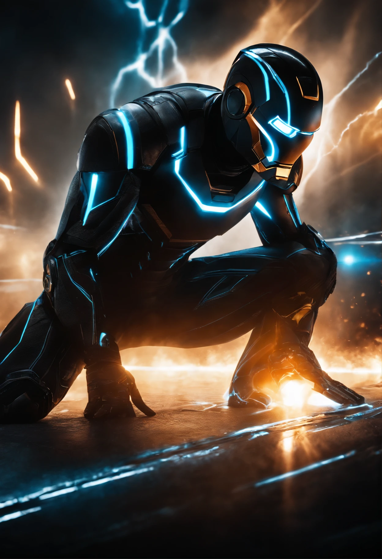 Tron Combined with Ironman, tron legacy, battle scene, fire, explosions, crystal clear image, intricate details, close up, battle scars, black and blue themed