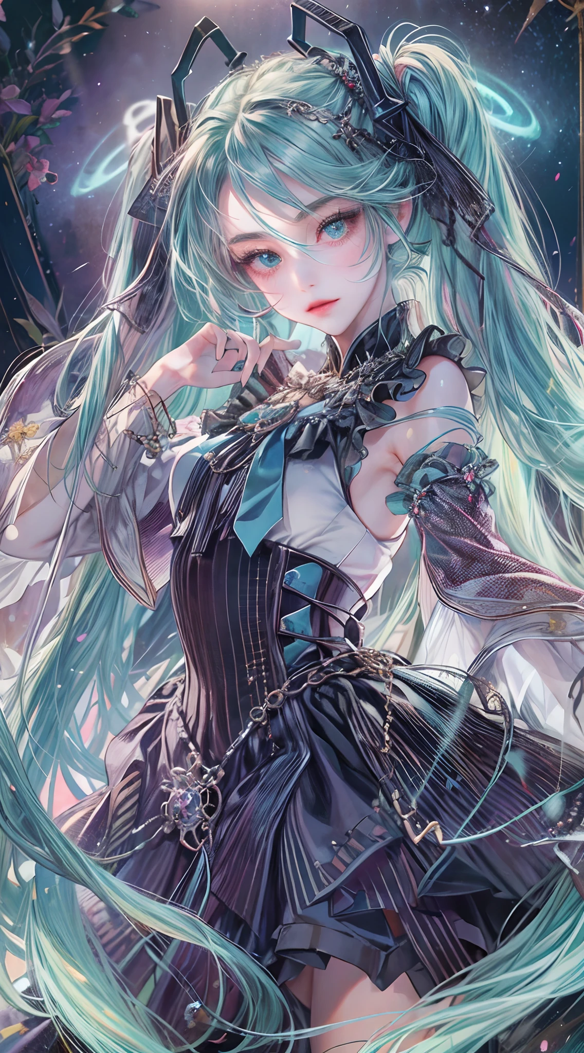 Absurdres masterpiece HDR high quality picture of Hatsune Miku, very girl 14 years ailed face, simple hair design , beautiful face, simple pose hands on waist pose and hands are hiding in her hair and clothes , very long hair, ((random hair style:1 )) , anime eyes, light skin ,
Sexy prom gown and gloves outfit , detailed hair ornaments , beautiful town background, masterpiece scenery