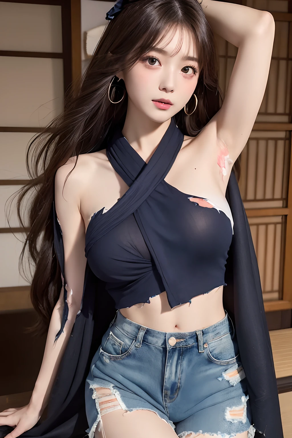 masutepiece、Best quality、ultra - detailed、A high resolution、8K、Perfect dynamic composition,、Beautiful detailed eyes、Natural color lips, dreads, Humiliating expression, Poor girl、Harajuku、20 years girl、Cute、Look at the sexy shots of the lens、(top-quality: 1.2), (tmasterpiece: 1.2), (Super detail: 1.2), (one-girl:1.1)、(Detailed hands and fingers:1.2)、(detailed super oily shiny skin:1.1)、Oily shiny thighs, Brown hair、Long hair、bouncing hair、Beautiful sister, Fatal position, (( Sexy women:1.2)), Skinny , (Japan kimono:1.4), High panties, Bristles on the lower abdomen, Spread your legs boldly、The shape of the pubic region is clearly visible, up legs, (After shaving the armpits:1.3), (After shaving:1.2), (Sweat skin:1.2), ((Torn clothes:1.8)), Locked in the classroom, (extremely large bosom:1.3), exposing her chest, Areola