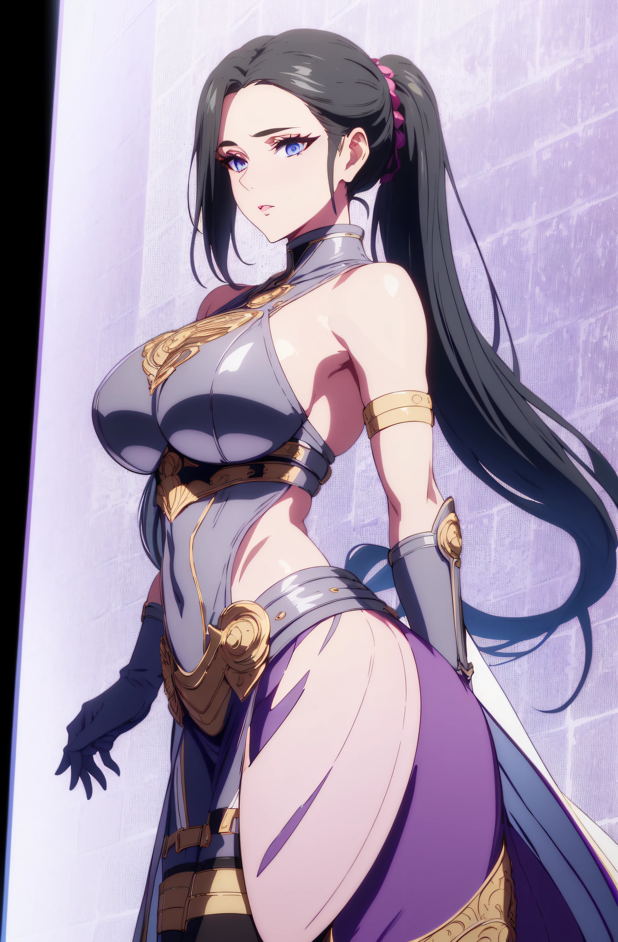 (masterpiece, best quality, 16k, 8k, ultra highres, plain white background, long hair, black hair, blue eyes, ponytail, highres:1.0), haruhiko_ichijou, makeup, purple lipstick, purple eyeshadow, beautiful face, hyperdetail face, hyperdetail armor, black gloves, blue footwear, blue thighhighs, boots, breastplate, covered navel, dress, gauntlets, gloves, headgear, (((large breasts:1.2))), (((solo:1.5))), ((milf, mature female, 35yo)), gorgeous body, (((upper body, half body shot:1.5))), ((hyperdetail eyeshadow, hyperdetail lipstick)), (((looking at the camera, symetrical, sharp focus, intricate detail, elegant, concept art, cinematic))), (direct view:1.4),(perfect hands, perfect anatomy),