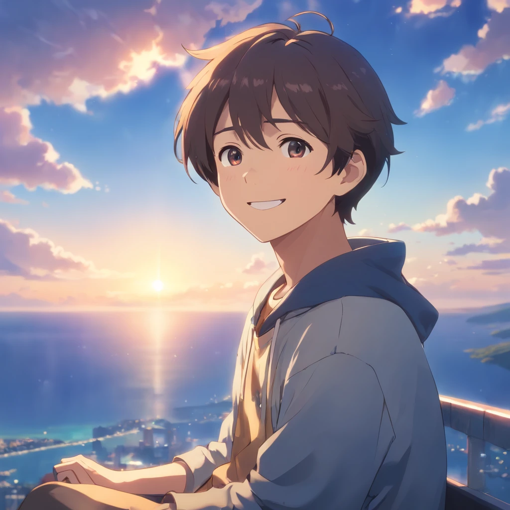 masutepiece, Best quality, cinematic Film still from, 1boys, Cloud Boy, Floating in the sky, Close-up, face expressionless, Idle, Warm and soft lighting, Sunset, (spark of light:0.7), (AS-Young:1.7), (1boys:1.8), (Male focus:1.2), (Cute:1.7) Shigeo Kageyama, Mob psychosis, view the viewer, Sitting down, Smiling