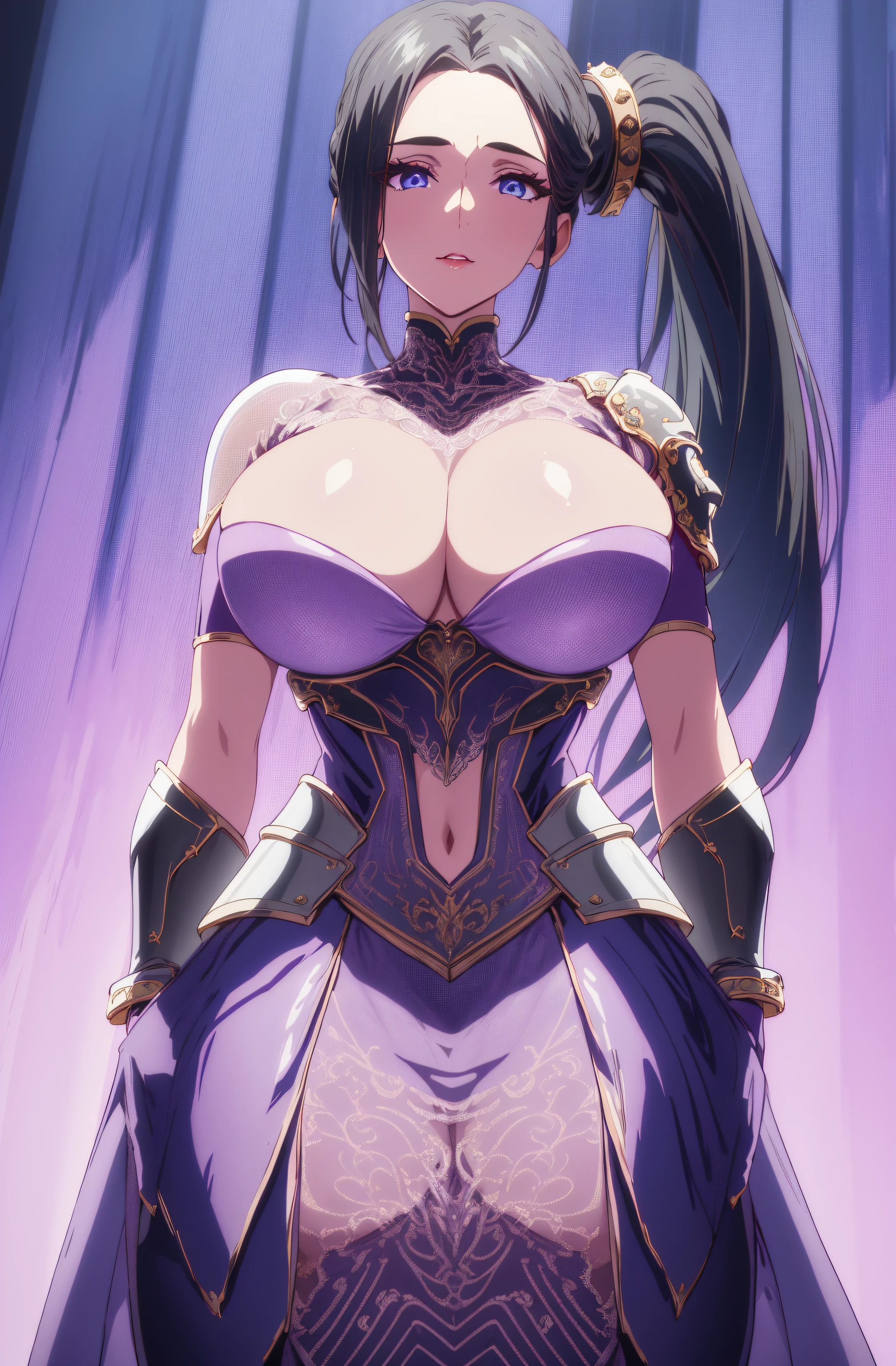 (masterpiece, best quality, 16k, 8k, ultra highres, plain white background, long hair, black hair, blue eyes, ponytail, highres:1.0), haruhiko_ichijou, makeup, purple lipstick, purple eyeshadow, beautiful face, hyperdetail face, hyperdetail armor, black gloves, blue footwear, blue thighhighs, boots, breastplate, covered navel, dress, gauntlets, gloves, headgear, (((large breasts:1.2))), (((solo:1.5))), ((milf, mature female, 35yo)), gorgeous body, (((upper body, half body shot:1.5))), ((hyperdetail eyeshadow, hyperdetail lipstick)), (((looking at the camera, symetrical, sharp focus, intricate detail, elegant, concept art, cinematic))), (direct view:1.4),(perfect hands, perfect anatomy),