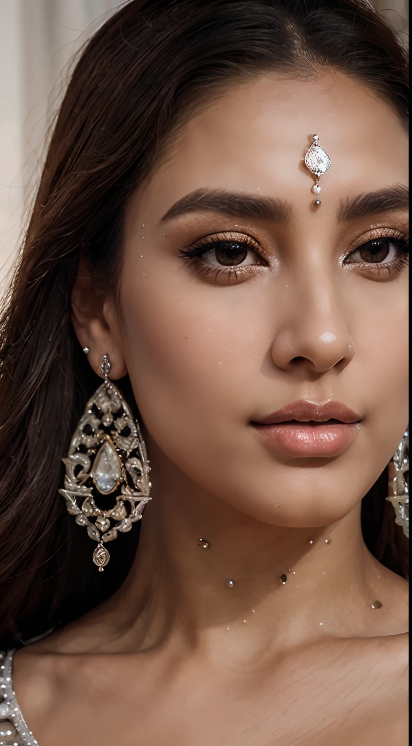 masterpiece, best quality), Front pose, intricate details, realistic, photorealistic, a close up of a woman wearing earrings, inspired by Noor Khan, draped in crystals, silver color, long earrings, sandra chevier, huge earrings, 2023, brown-eyed, platinum jewellery, earring, flawless structure, silver earring, italy Place,