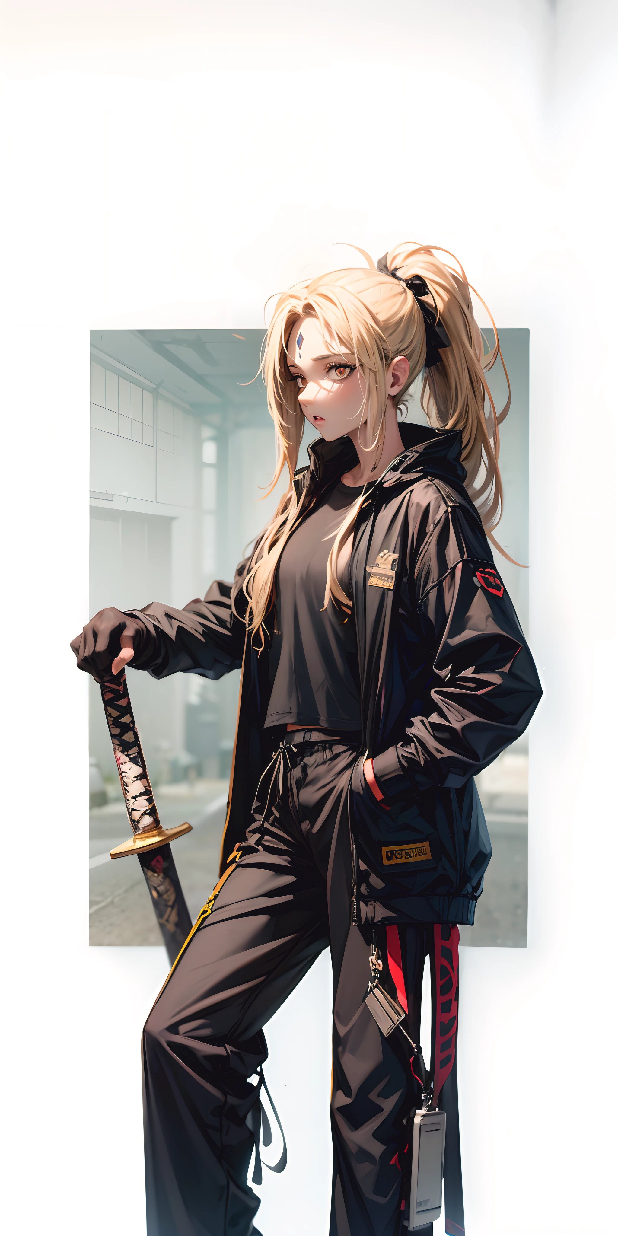 1girl, weapon, sword, blonde_hair, pants, mouth_mask, ponytail, solo, long_hair, mask, katana, looking_at_viewer, gloves, sheath, black_pants, holding_weapon, breasts, signature, blue_eyes, hand_in_pocket, bangs, jacket, standing, holding "glow effects, godrays, Hand drawn, render, 8k, octane render, cinema 4d, blender, dark, atmospheric 4k ultra detailed, cinematic, Sharp focus, big depth of field, Masterpiece, colors, 3d octane render, 4k, concept art, trending on artstation, hyperrealistic, Vivid colors, extremely detailed CG unity 8k wallpaper, trending on CGSociety, Intricate, High Detail, dramatic", anime coloring, anime screencap, sweating, steaming body, fog