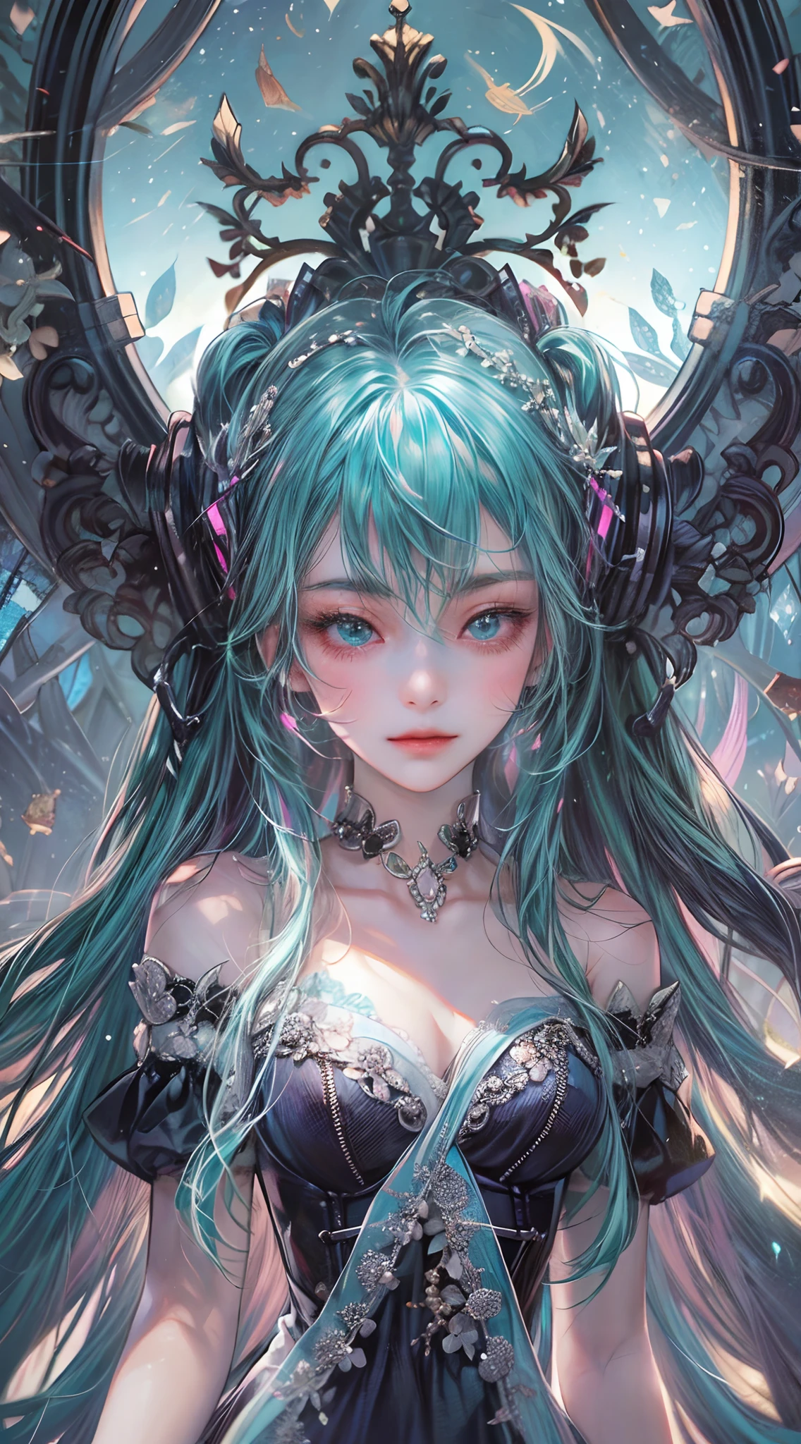 Absurdres masterpiece HDR high quality picture of Hatsune Miku, detailed face, detailed hair strands, beautiful face, simple pose, very long hair, ((random hair style:1 )) , anime eyes, light skin , 

Dark Evil Queen outfit , detailed hair ornaments  , beautiful background, masterpiece scenery