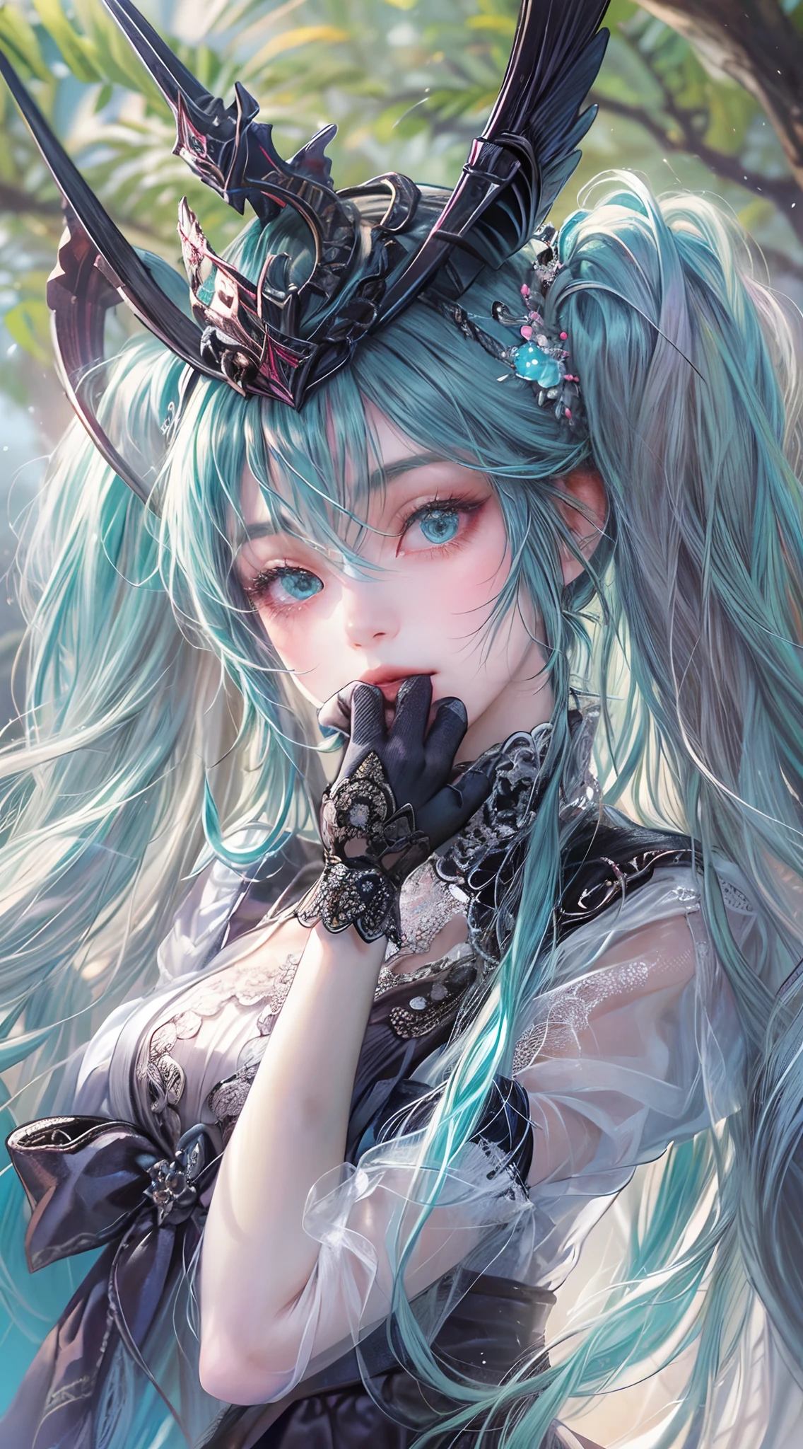 Absurdres masterpiece HDR high quality picture of Hatsune Miku, detailed face, detailed hair strands, beautiful face, simple pose, very long hair, ((random hair style:1 )) , anime eyes, light skin , 

Dark Evil Queen outfit , detailed hair ornaments  , beautiful background, masterpiece scenery