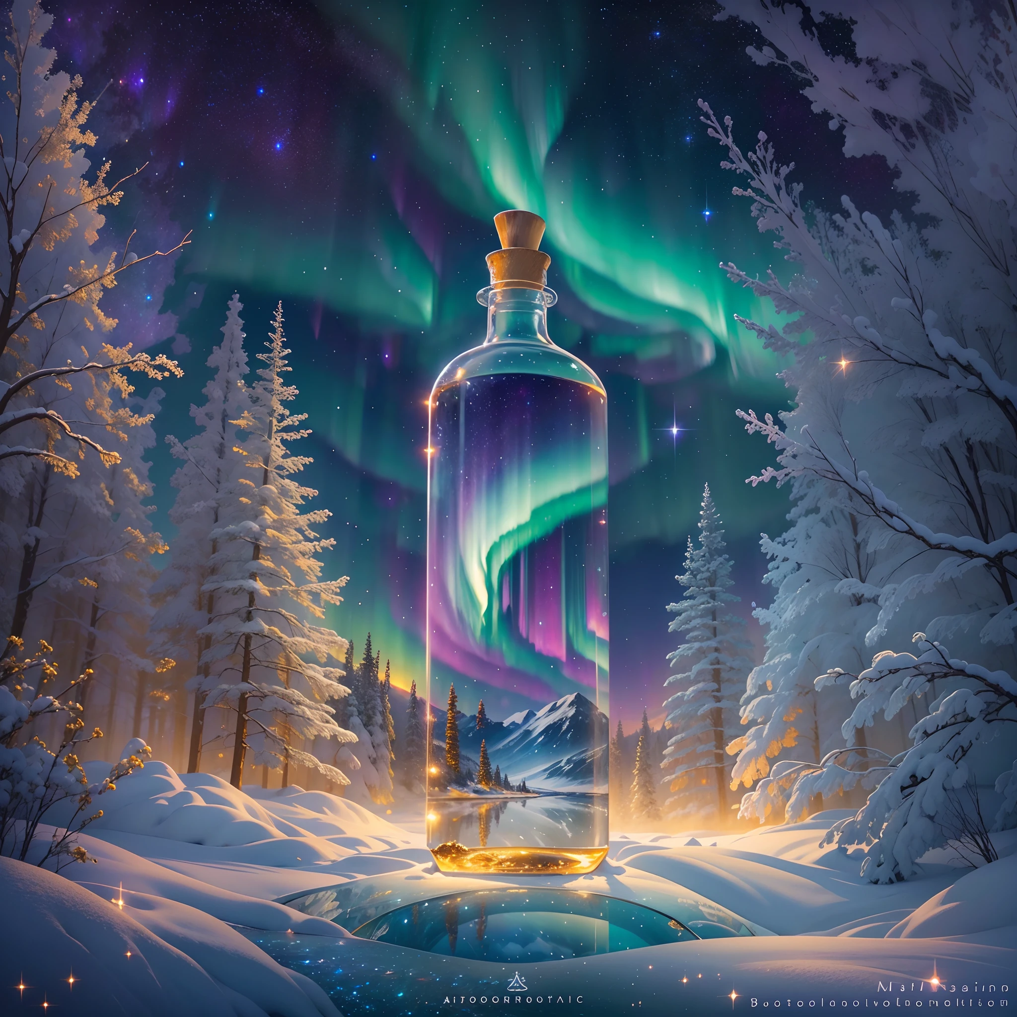 Best quality,Ultra-detailed,Realistic,Photorealistic:1.37,Painting,aurora borealis,Beautiful aurora,Glowing,Ethereal,Night sky,Clear glass bottle,Reflection,glistening stars,Frozen landscape,magical scene,Vivid colors,soft pastel tones,Warm golden glow,tranquil ambiance