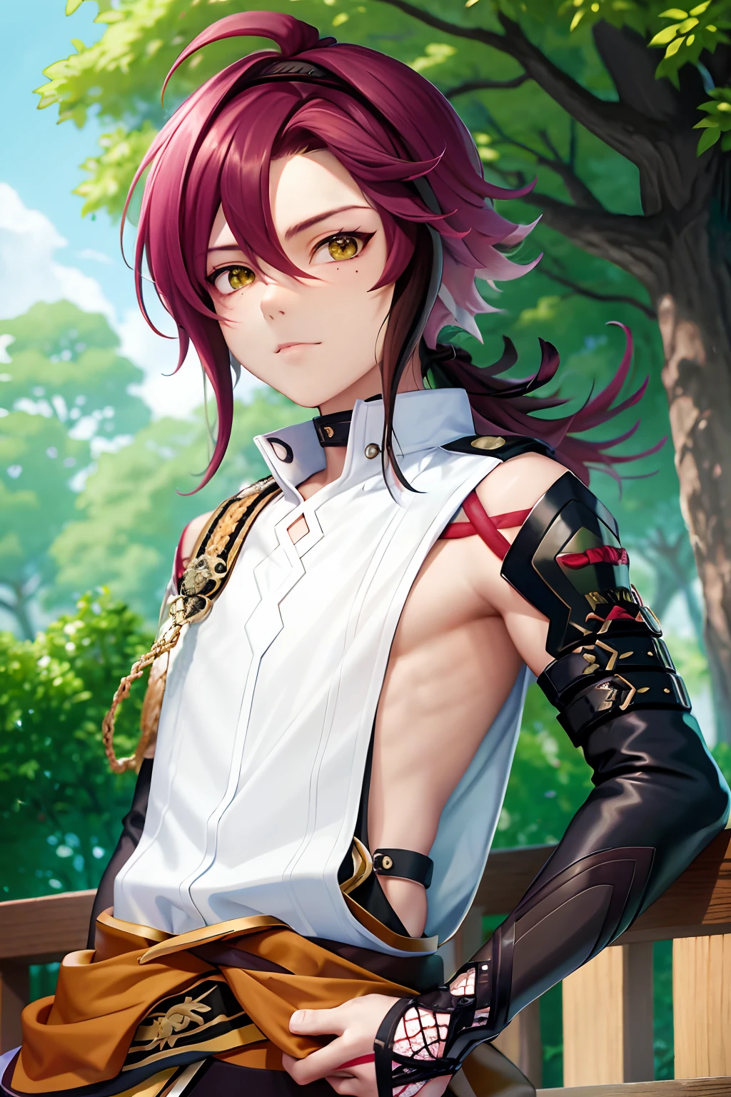 masterpiece, best quality,Shikanoin Heizou (genshin impact), 1boy, male focus, kurokote, green eyes, kote, multicolored hair, mole under eye, red hair, solo, mole, black choker, japanese armor, looking at viewer, choker, armor, streaked hair, aiguillette, sleeveless, ahoge, long hair, low ponytail,(kbxll:0.6)