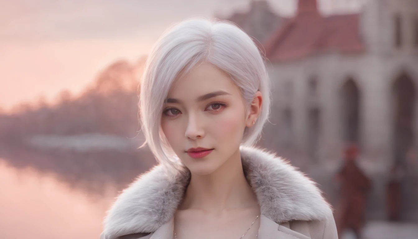 Pink girl with silver hair, Red Eye, Very short hairstyle, A shy smile, hair clips, Long sleeves, Small chest, Luxury、Stroking shoulders、reflection, Contre-Jour, landscape, Light scattering, Transparency of the light, (bustup:1.2), (masutepiece). (Best Quality, 8K, hight resolution), Ultra-detailed, (Realistic), Vivid colors、Winters、Contemporary city、Coat with fur、