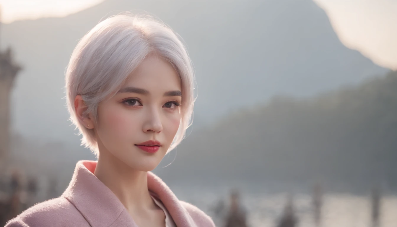 Pink girl with silver hair, Red Eye, Very short hairstyle, A shy smile, hair clips, Long sleeves, Small chest, Luxury、Stroking shoulders、reflection, Contre-Jour, landscape, Light scattering, Transparency of the light, (bustup:1.2), (masutepiece). (Best Quality, 8K, hight resolution), Ultra-detailed, (Realistic), Vivid colors、Winters、Contemporary city、Coat with fur、