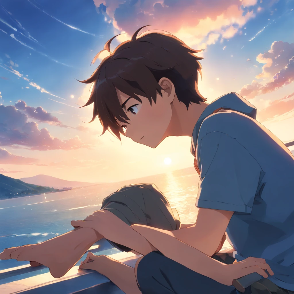 masutepiece, Best quality, cinematic Film still from, 1boys, Cloud Boy, Floating in the sky, Close-up, face expressionless, Sluggish, Warm and soft lighting, Sunset, (spark of light:0.7), (AS-Young:1.7), (1boys:1.8), (Male focus:1.2), (Cute:1.7) Shigeo Kageyama, Mob psychosis, view the viewer, Sitting down,