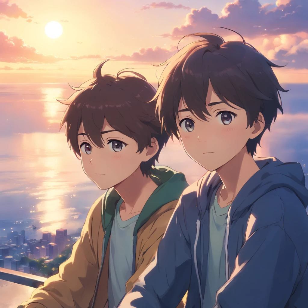 masutepiece, Best quality, cinematic Film still from, 1boys, Cloud Boy, Floating in the sky, Close-up, face expressionless, Sluggish, Warm and soft lighting, Sunset, (spark of light:0.7), (AS-Young:1.7), (1boys:1.8), (Male focus:1.2), (Cute:1.7) Shigeo Kageyama, Mob psychosis, view the viewer, Sitting down,
