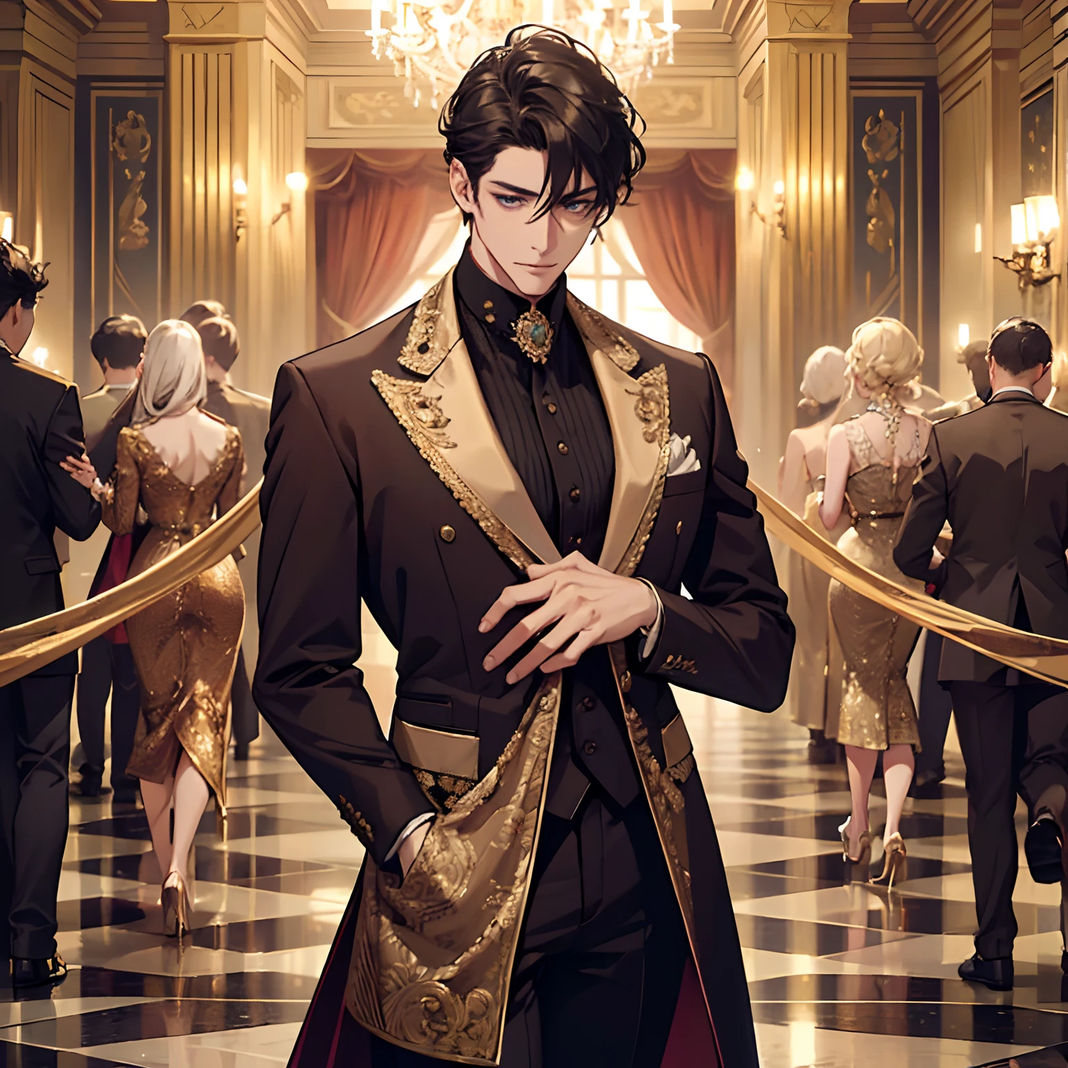 (best quality,4k,8k,highres,masterpiece:1.2),ultra-detailed,(realistic,photorealistic,photo-realistic:1.37),HDR,UHD,studio lighting,ultra-fine painting,sharp focus,physically-based rendering,extreme detail description,professional,vivid colors,bokeh,portraits A noble gentleman stands confidently in an opulent ballroom, his attire exuding both practicality and elegance. His garments, made of luxurious fabrics, perfectly accentuate his noble status. The practical yet stylish noble attire enhances his regal presence, consisting of a tailored velvet coat in a deep shade of burgundy, paired harmoniously with a crisp white shirt and a royal purple silk cravat. The coat's intricate embroidery, featuring intricate golden patterns, adds a touch of opulence to the ensemble. The gentleman possesses a striking appearance with his raven-black, slightly disheveled hair, contrasting brilliantly against his fair complexion. His charming yet bold blue eyes, beaming with intelligence, captivate all who meet his gaze. His eyes, beautifully detailed and vibrant, express a mix of wisdom and charisma. The ballroom itself is a grandiose sight to behold, adorned with ornate chandeliers that cast a warm and enchanting light throughout the room. The walls are elegantly draped with rich, burgundy velvet curtains, further enhancing the atmosphere of sophistication and luxury. Exquisite sculptures and intricate paintings, depicting scenes from mythology and history, adorning the walls, showcase the gentleman's refined taste in art. In the distance, couples gracefully waltz across the polished marble floor, their movements perfectly synchronized to the rhythm of the music. Soft music from a live orchestra fills the air, adding a romantic ambiance to the scene. The gentleman stands amidst the lively crowd, exuding an aura of confidence and grace. The painting itself is of the highest quality, with a stunning level of detail in every brushstroke. The artist skillfully captures the gentleman's