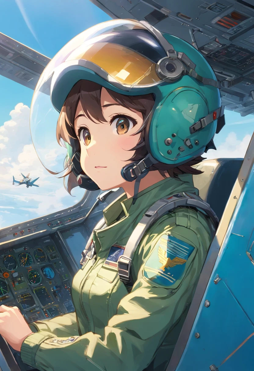 Pilot in the cockpit of an airplane wearing helmet and goggles, fighter pilot in the cockpit, In the cockpit of a fighter jet, vista do capacete, Visor Wearer's Perspective, Nariz sob viseira, Jet fighter pilots of the 70s, no cockpit, Uniforme de Piloto Militar, advanced technology flight suit、Angel approaching from behind from right、Anjo fora da janela、(((Um anjo passa do lado de fora da janela)))