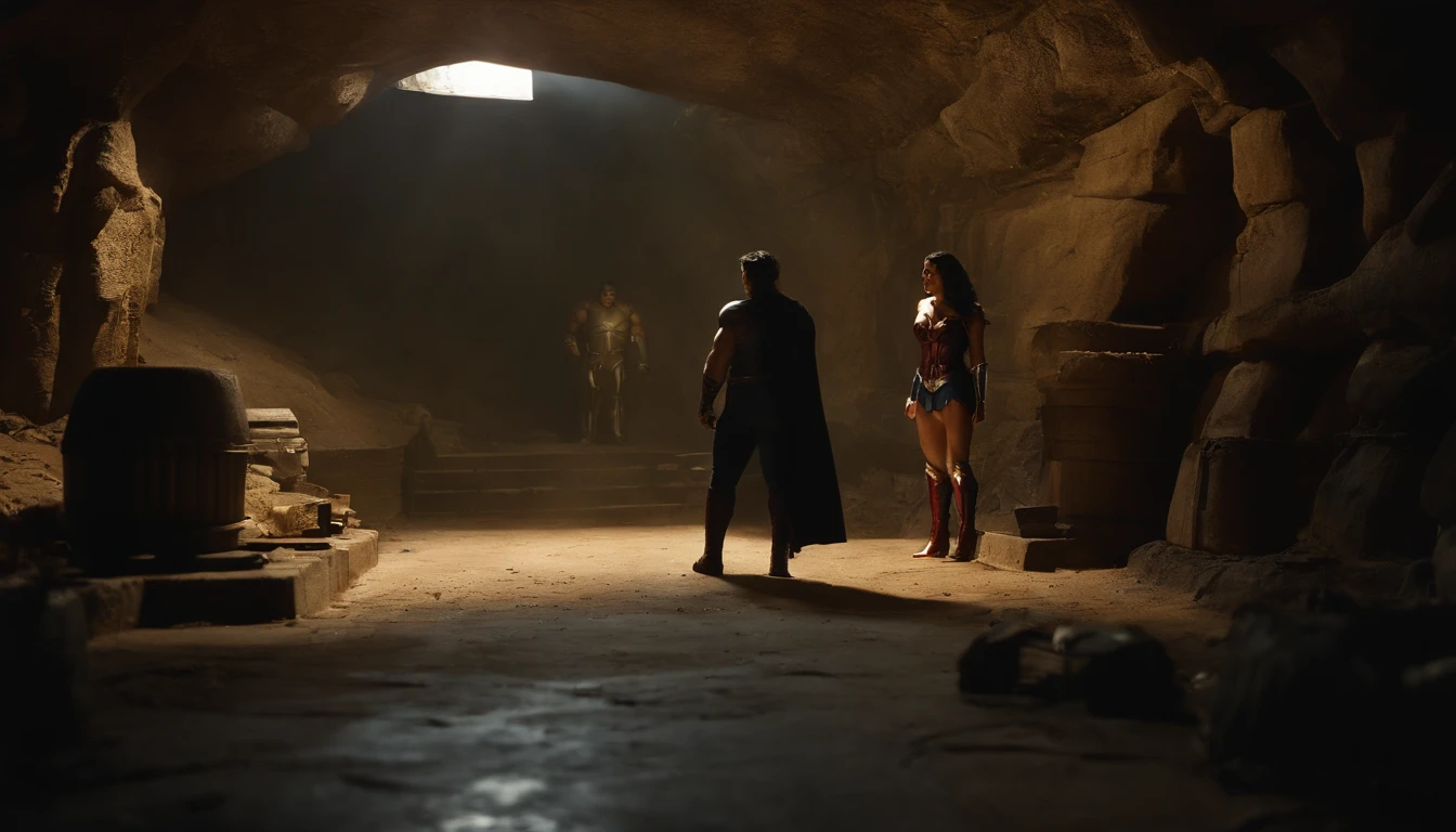 [Hulk and Wonder Woman are seen entering a hidden underground lair, filled with gadgets and villainous traps], black hair, Social realism, Hyperrealism, cinematic lighting, high details, masterpiece, best quality, high quality, 4K, super detail, retina