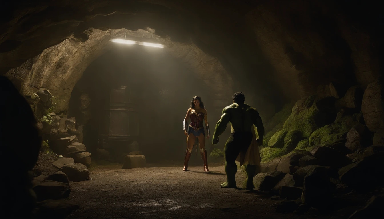 [Hulk and Wonder Woman are seen entering a hidden underground lair, filled with gadgets and villainous traps], black hair, Social realism, Hyperrealism, cinematic lighting, high details, masterpiece, best quality, high quality, 4K, super detail, retina