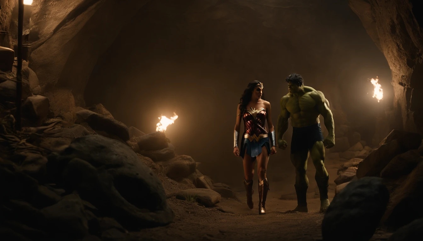 [Hulk and Wonder Woman are seen entering a hidden underground lair, filled with gadgets and villainous traps], black hair, Social realism, Hyperrealism, cinematic lighting, high details, masterpiece, best quality, high quality, 4K, super detail, retina